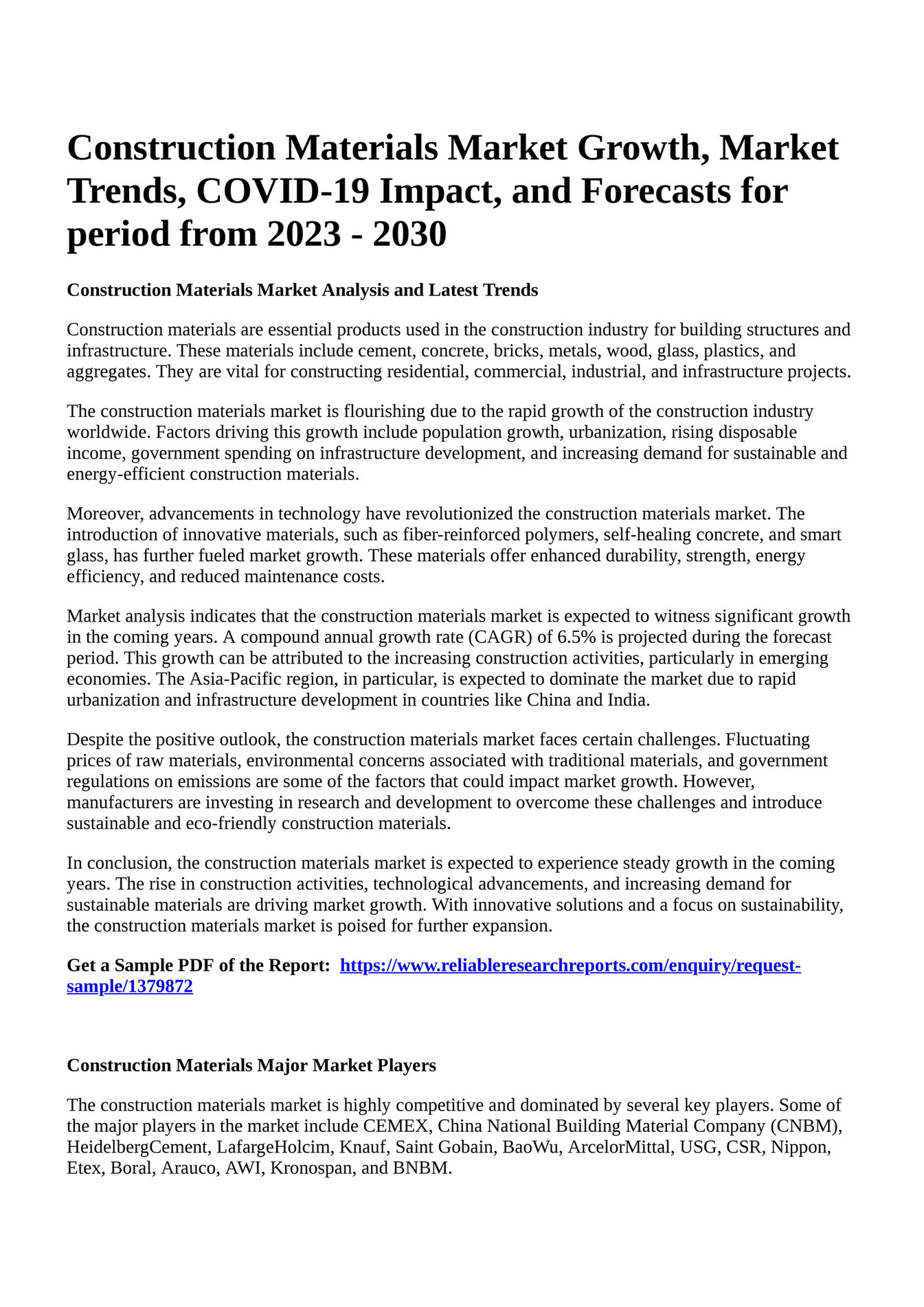 Reportprime Construction Materials Market Growth, Market Trends