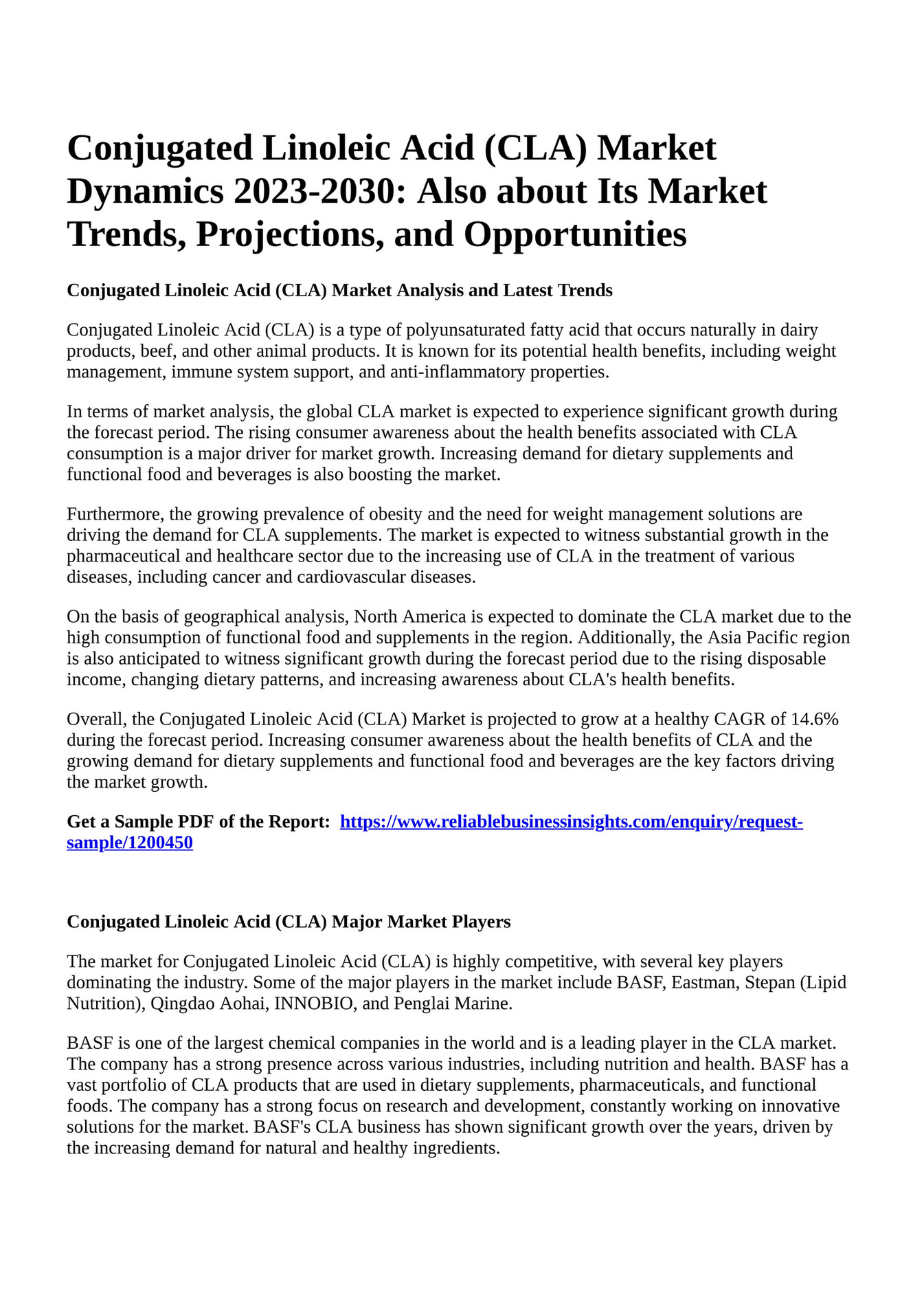 Reportprime Conjugated Linoleic Acid (CLA) Market Dynamics 20232030