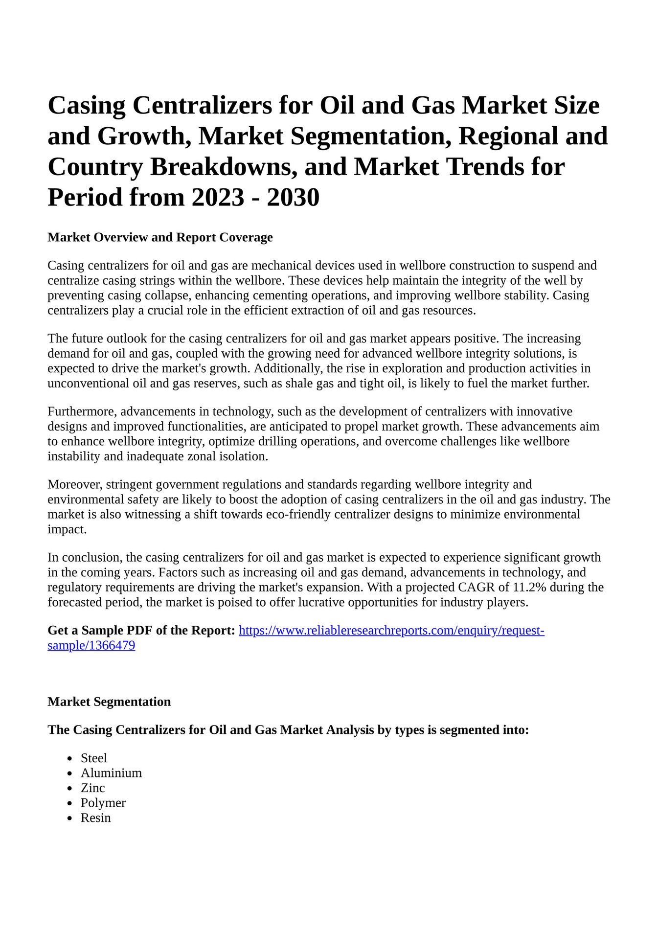Reportprime Casing Centralizers for Oil and Gas Market Size and