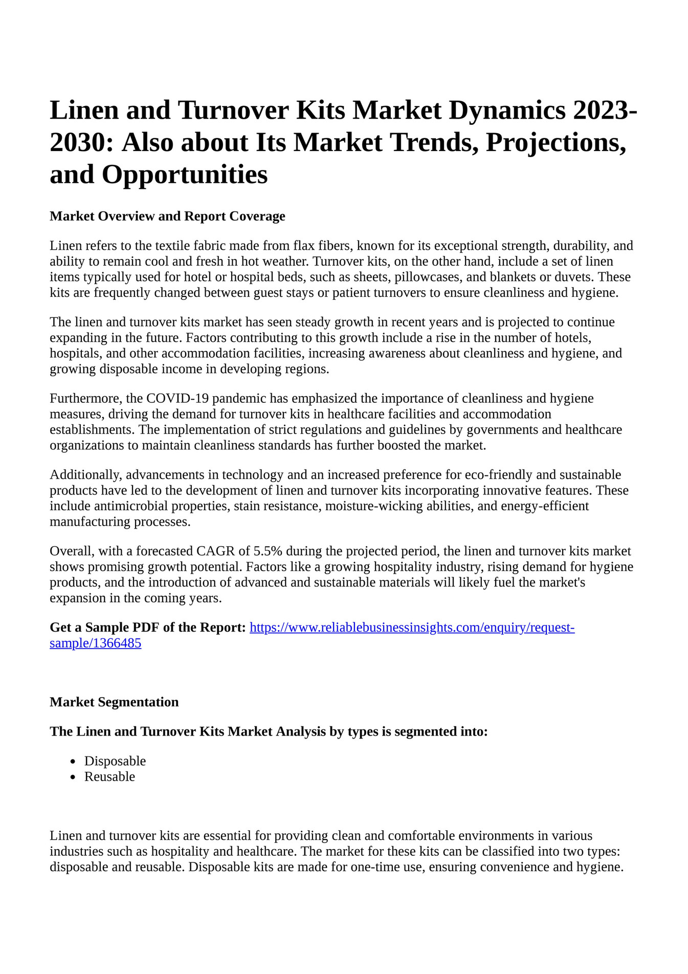 Reportprime Linen and Turnover Kits Market Dynamics 20232030 Also about Its Market Trends