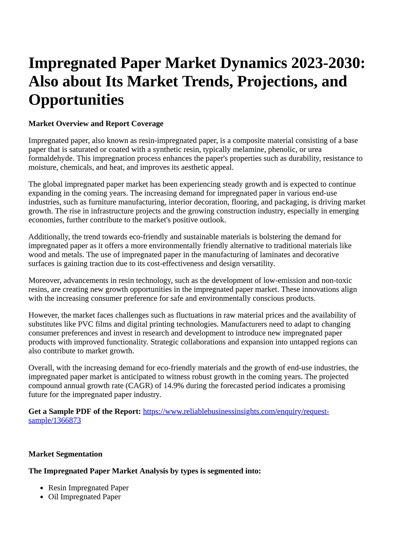 Reportprime Impregnated Paper Market Dynamics 20232030 Also about