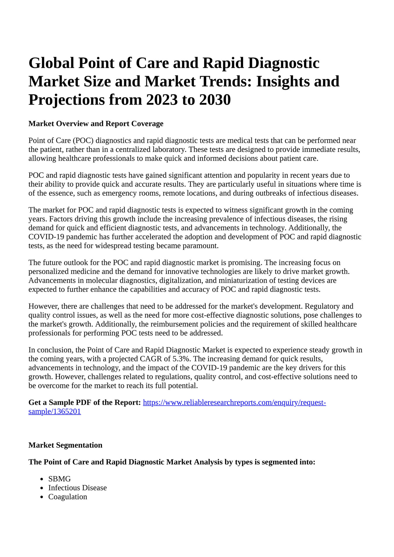 Reportprime Global Point of Care and Rapid Diagnostic Market Size and