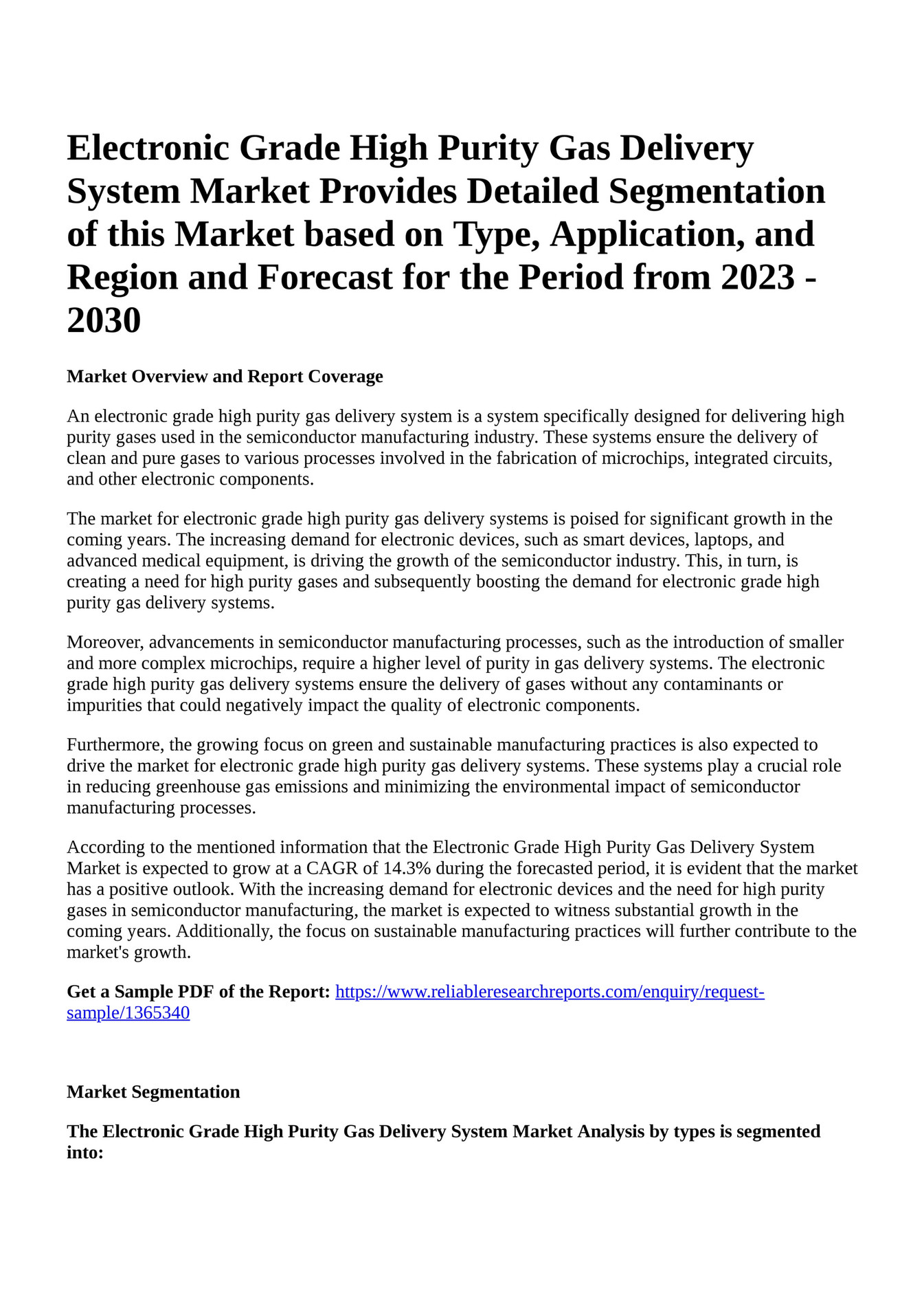 Reportprime Electronic Grade High Purity Gas Delivery System Market