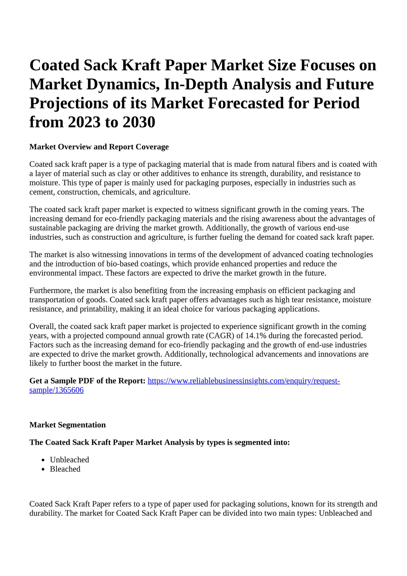 Reportprime Coated Sack Kraft Paper Market Size Focuses on Market