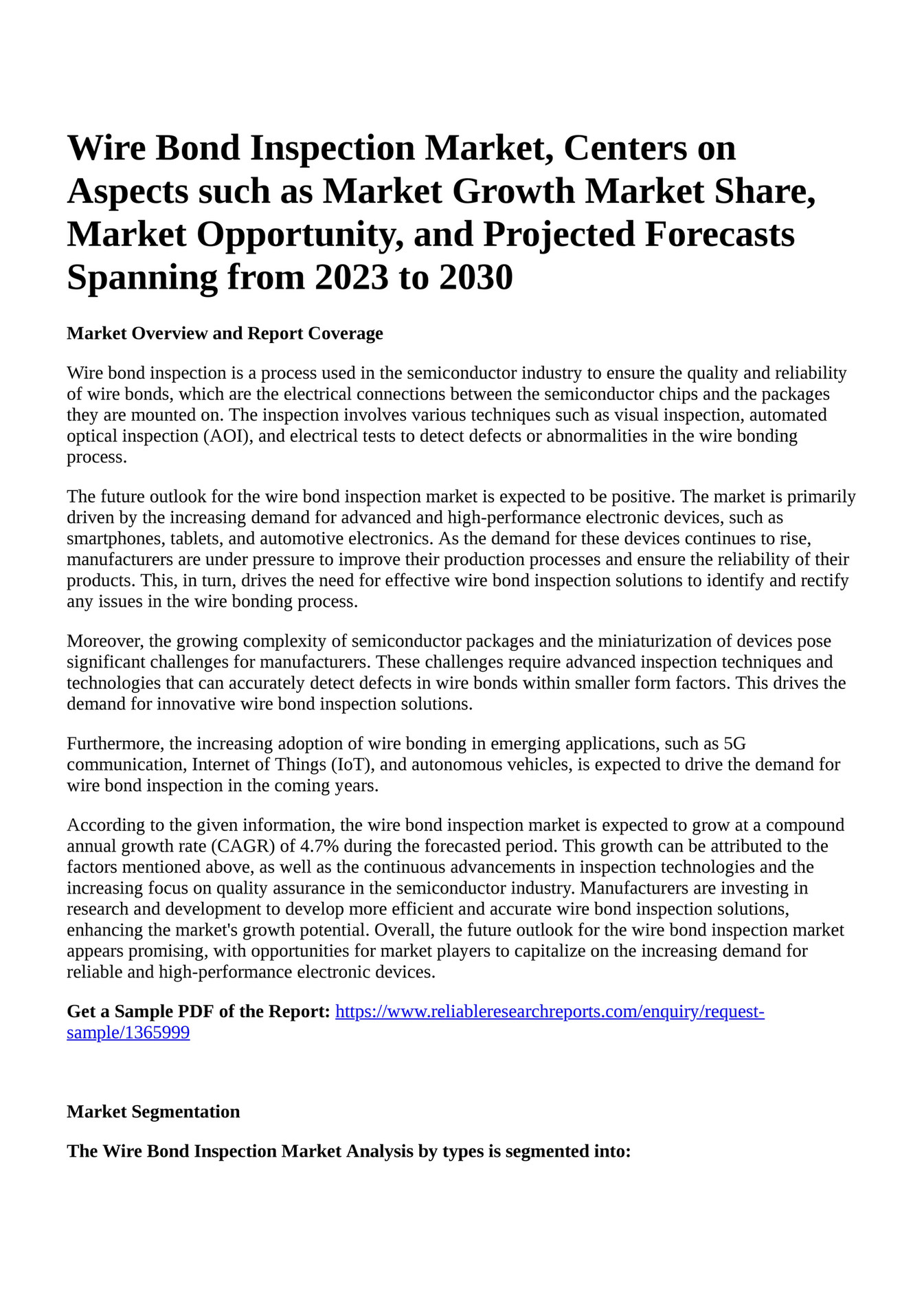 Reportprime - Wire Bond Inspection Market, Centers on Aspects such as