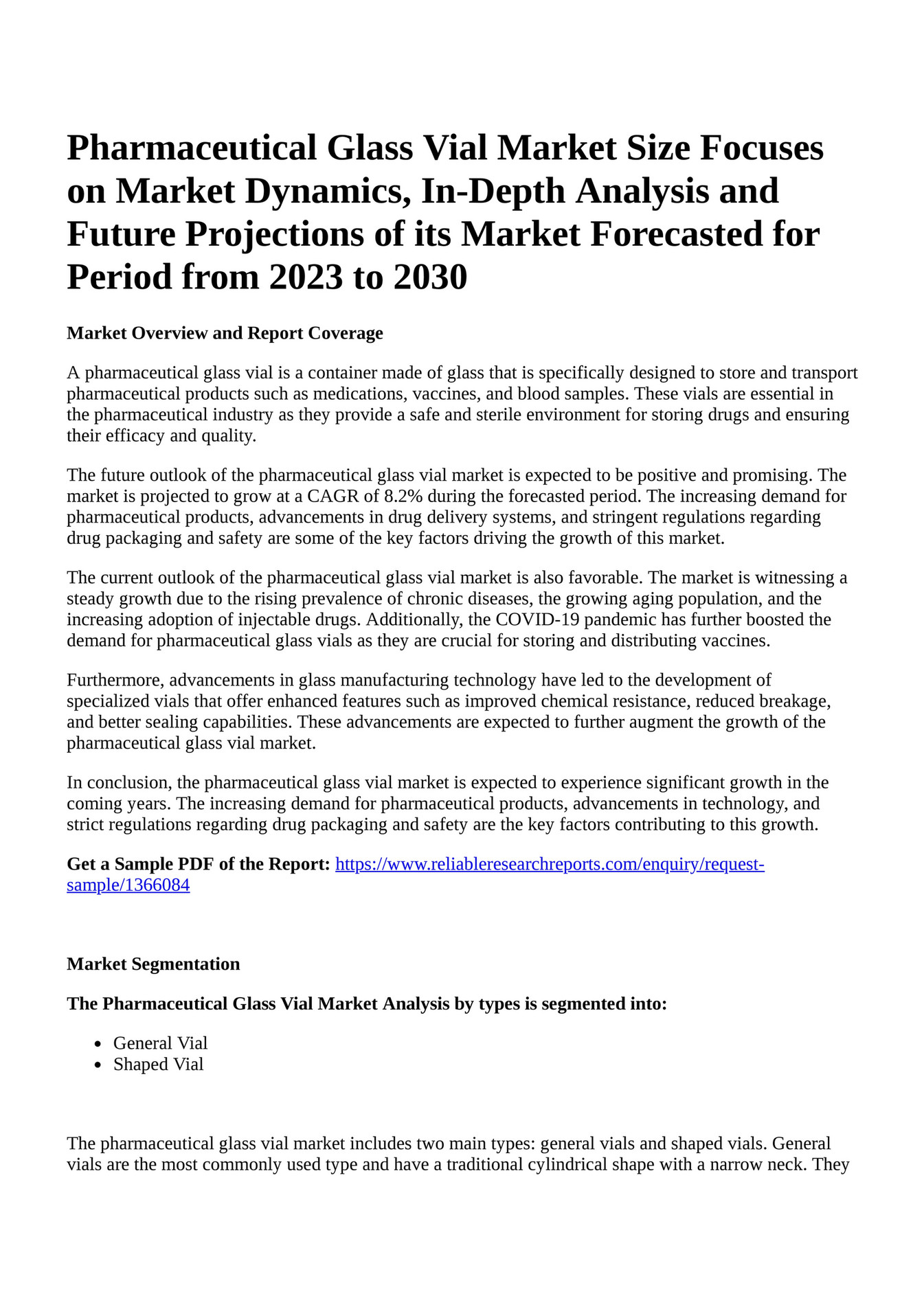 Reportprime Pharmaceutical Glass Vial Market Size Focuses on Market