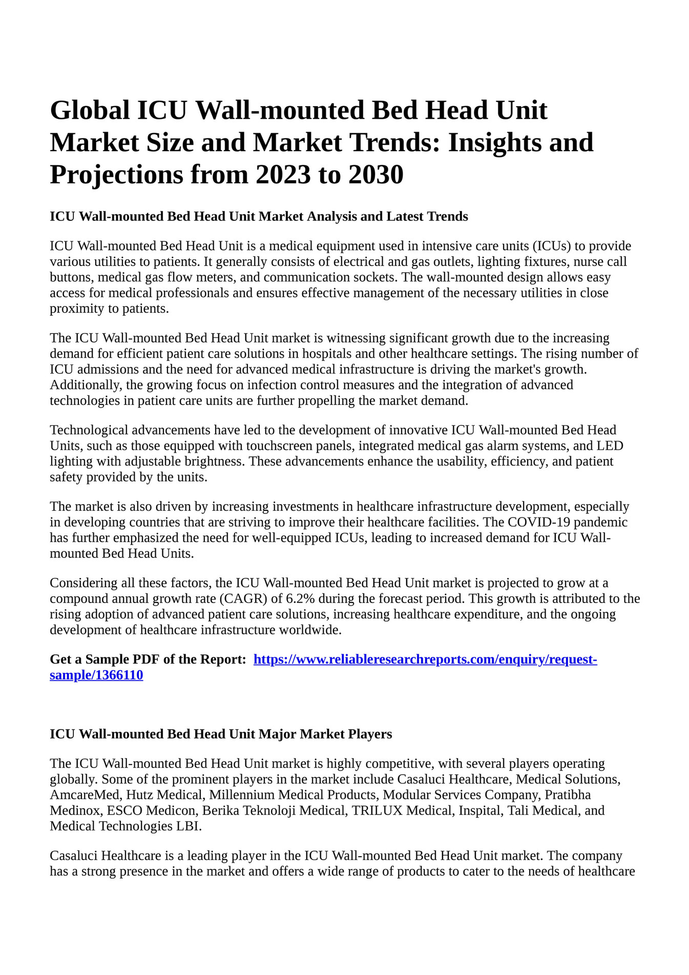 Reportprime Global ICU Wallmounted Bed Head Unit Market Size and