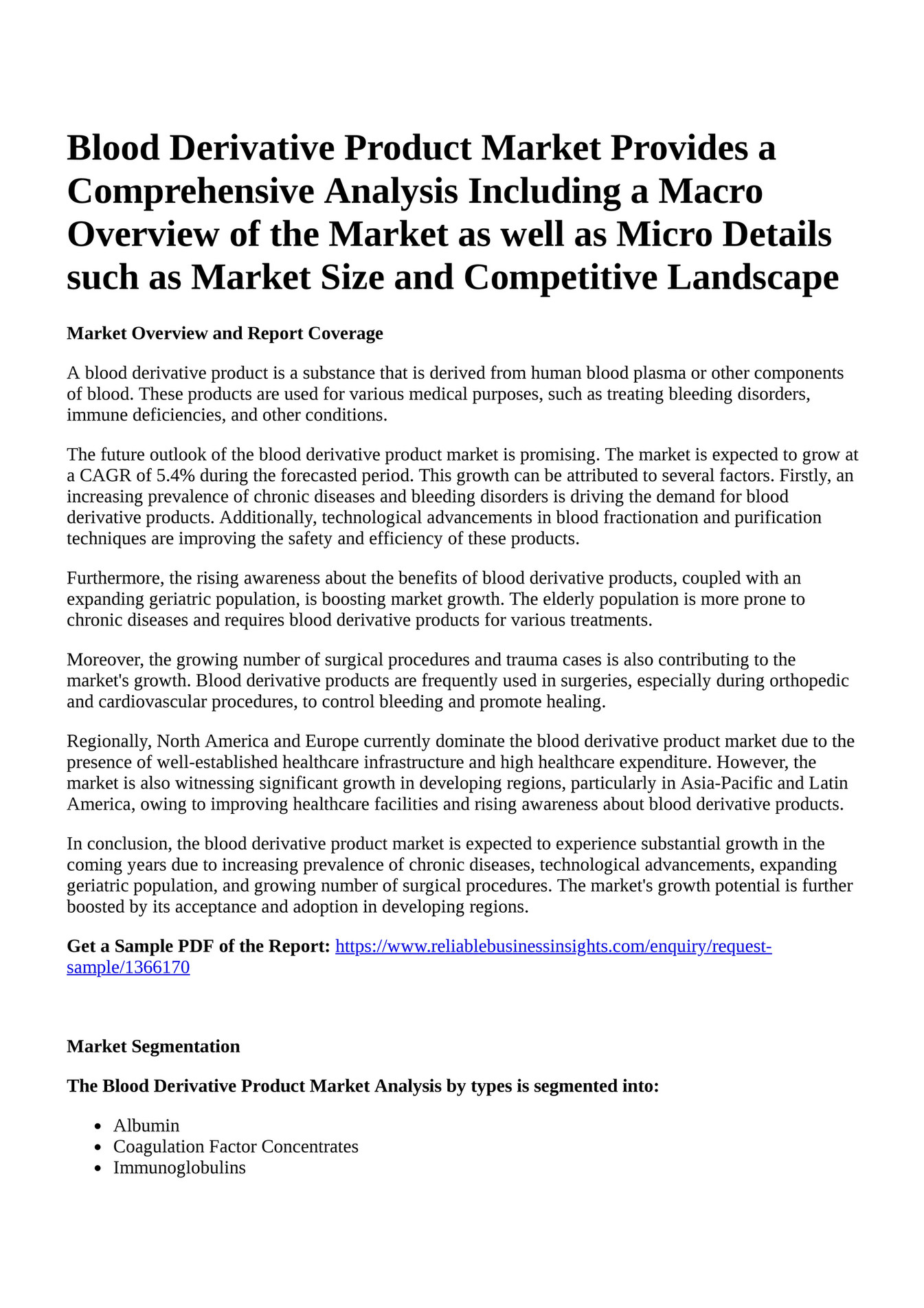 Reportprime Blood Derivative Product Market Provides a Comprehensive