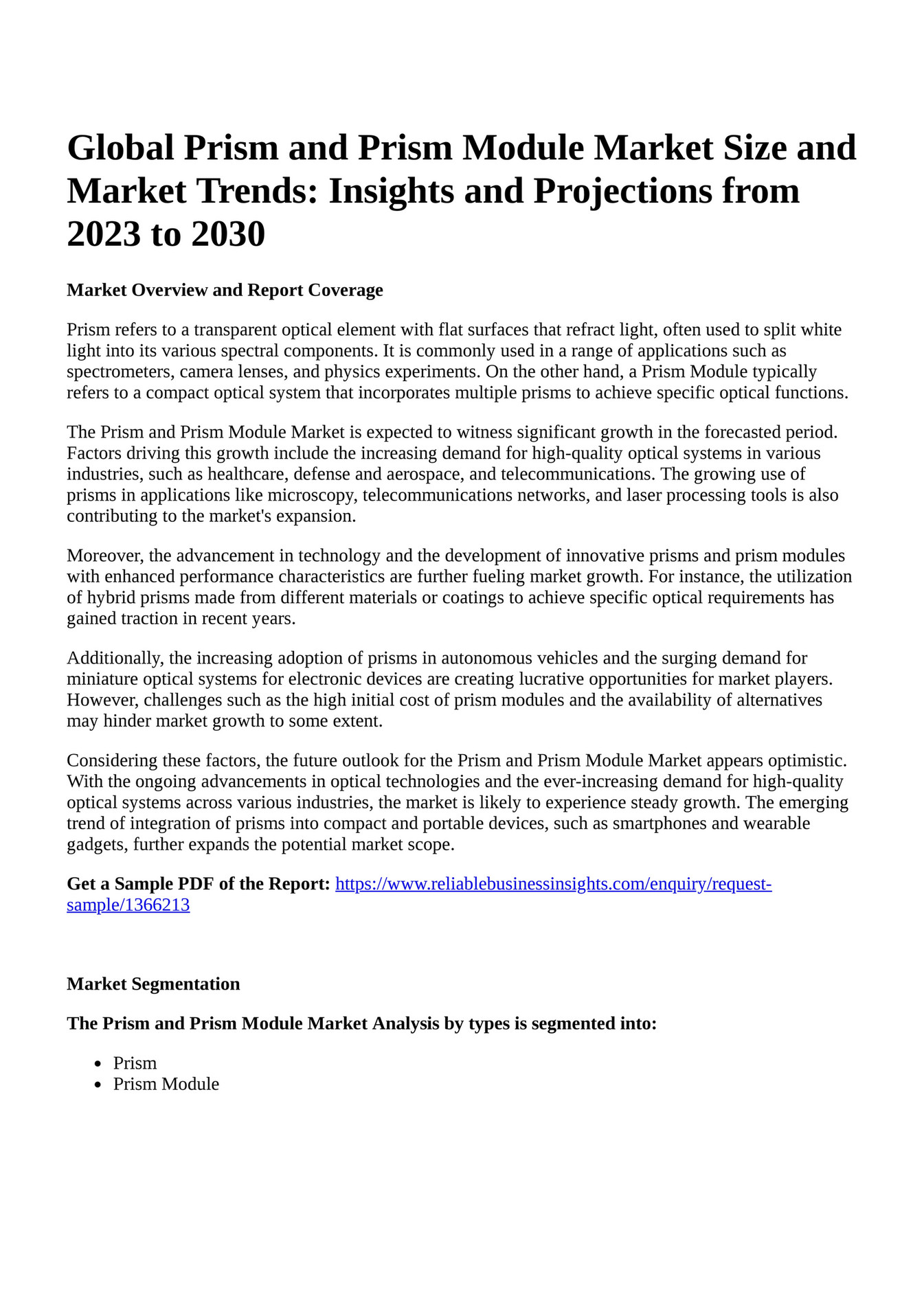 Reportprime Global Prism and Prism Module Market Size and Market