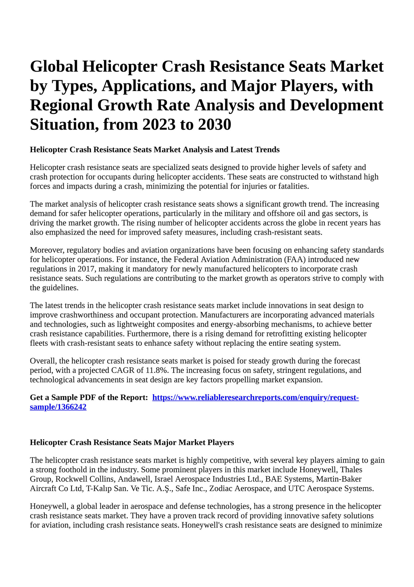Reportprime Global Helicopter Crash Resistance Seats Market by Types, Applications, and Major
