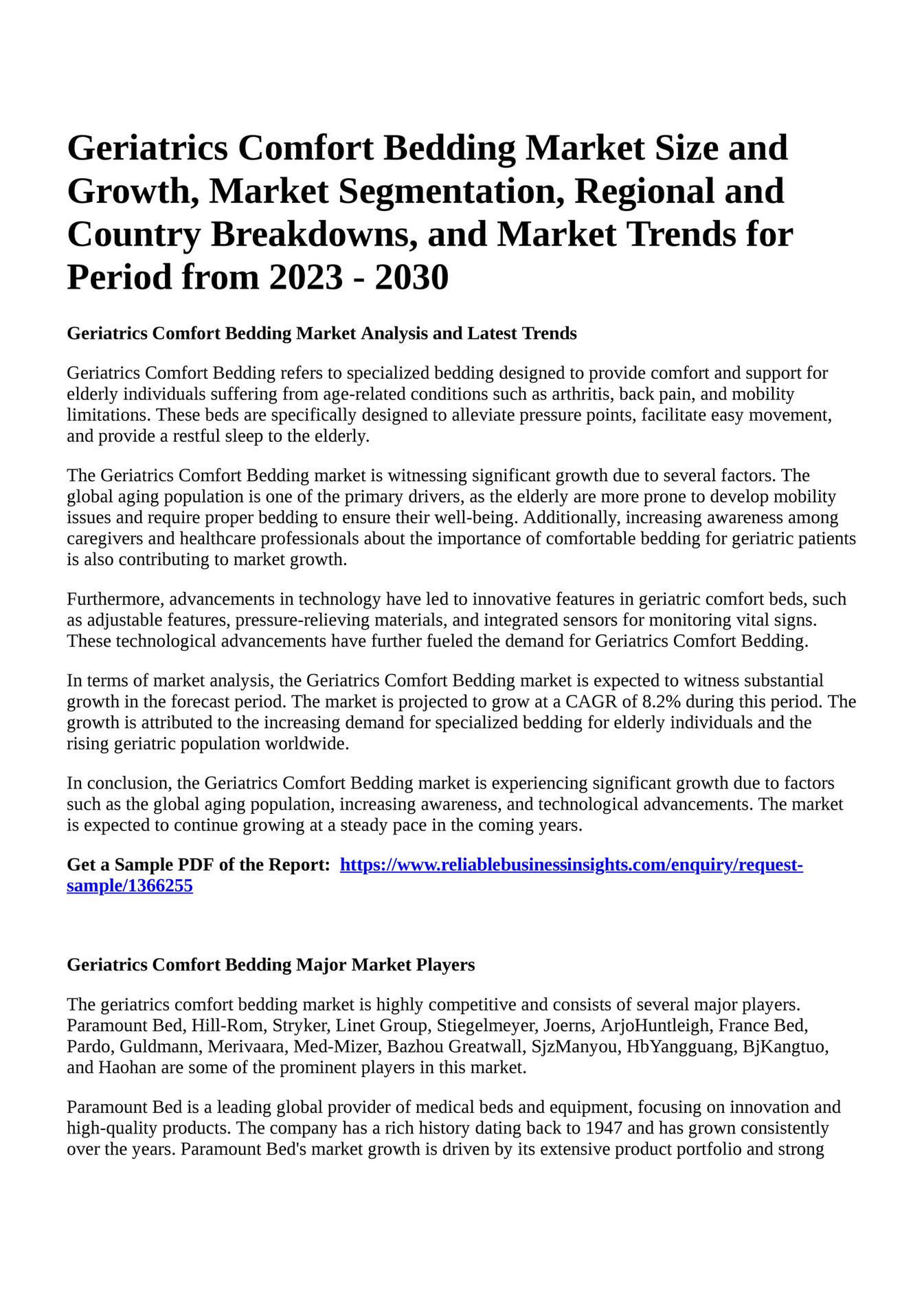 Reportprime Geriatrics Comfort Bedding Market Size and Growth, Market