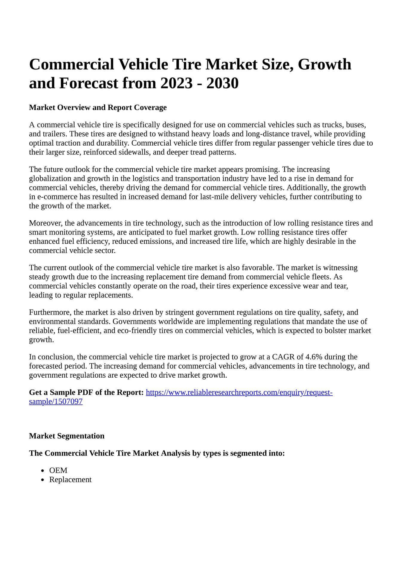 Reportprime Commercial Vehicle Tire Market Size, Growth and Forecast