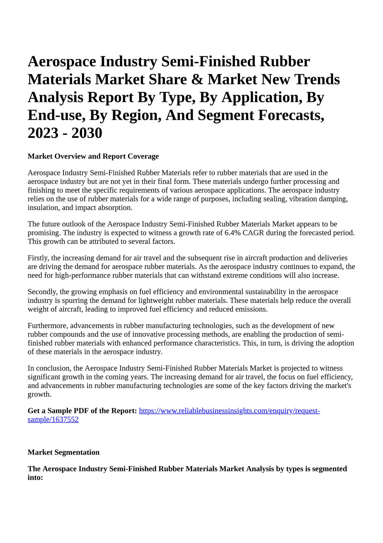 Reportprime Aerospace Industry SemiFinished Rubber Materials Market
