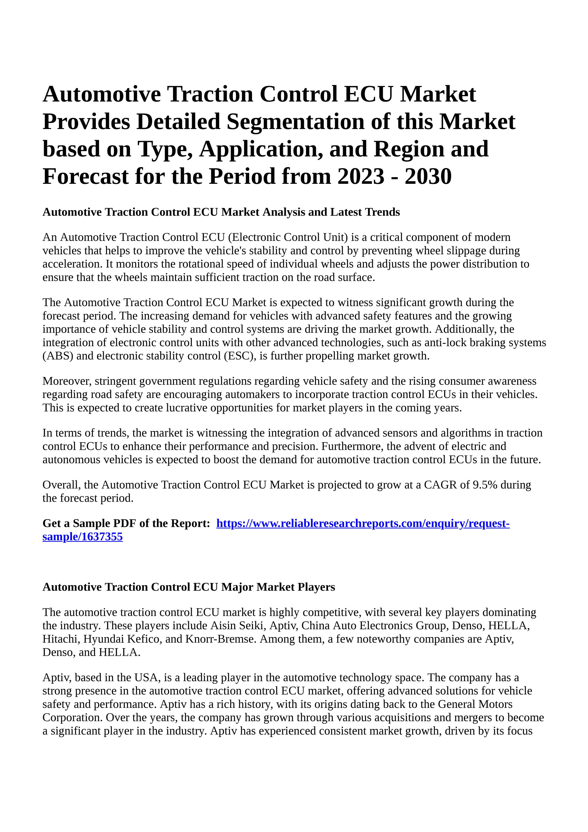 Reportprime - Automotive Traction Control ECU Market Provides Detailed  Segmentation of this Market based on Type, Application, and Region and  Forecast for the Period from 2023 - 2030 - Page 1
