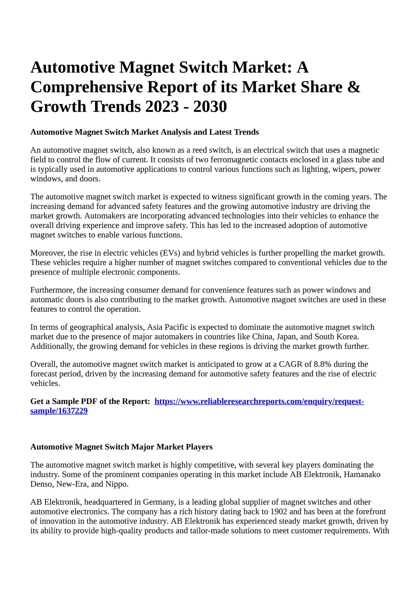 Reportprime - Automotive Magnet Switch Market: A Comprehensive Report of  its Market Share & Growth Trends 2023 - 2030 - Page 1