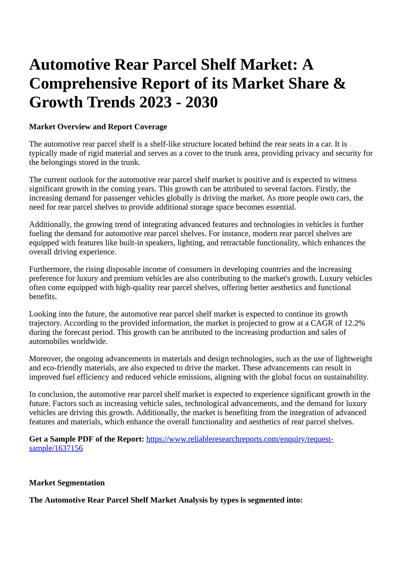 Reportprime Automotive Rear Parcel Shelf Market A Comprehensive Report of its Market Share