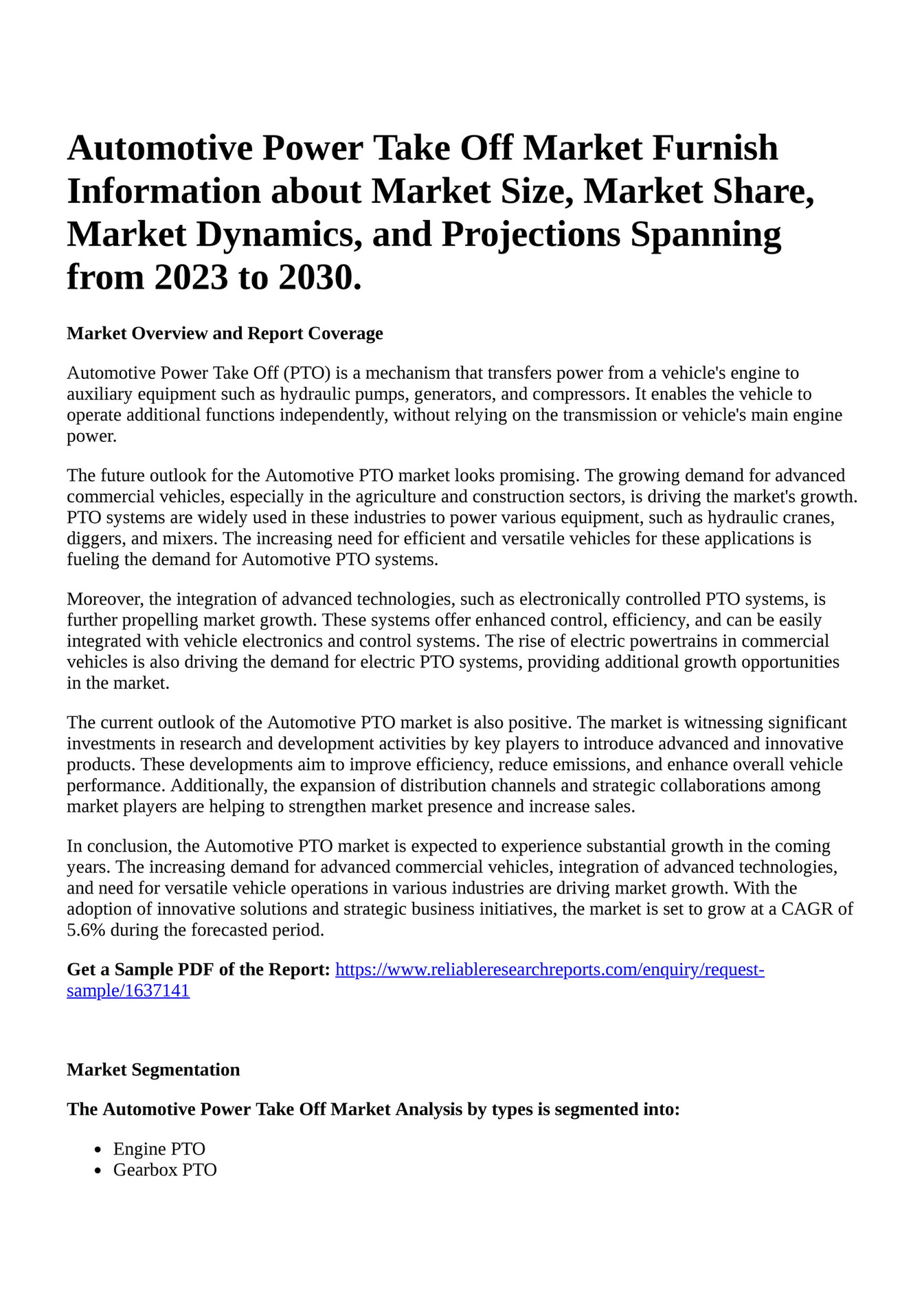 Reportprime Automotive Power Take Off Market Furnish Information