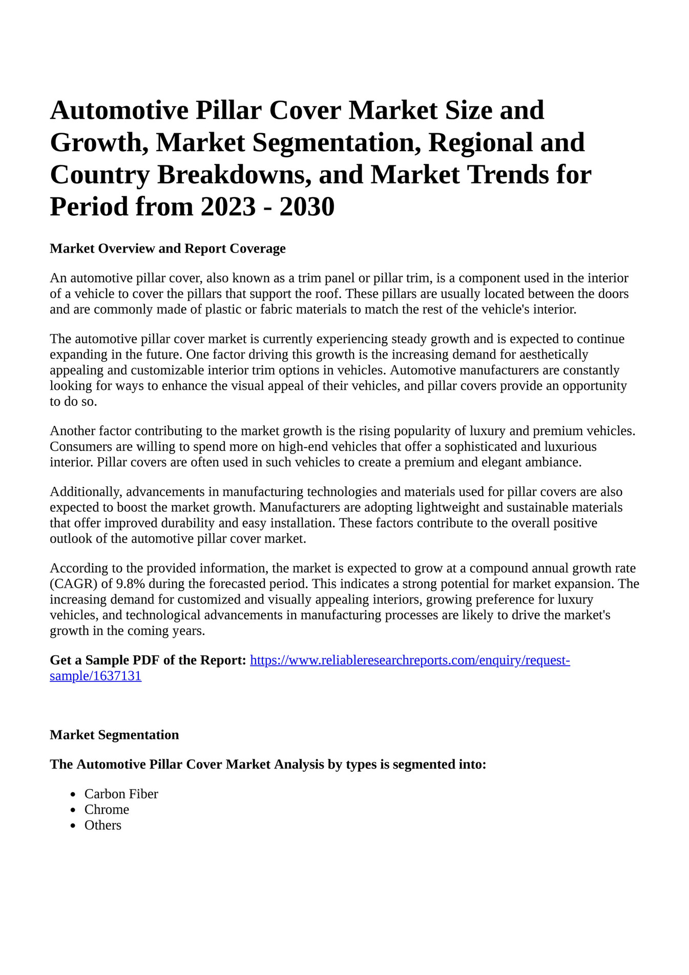 Reportprime Automotive Pillar Cover Market Size and Growth, Market Segmentation, Regional and