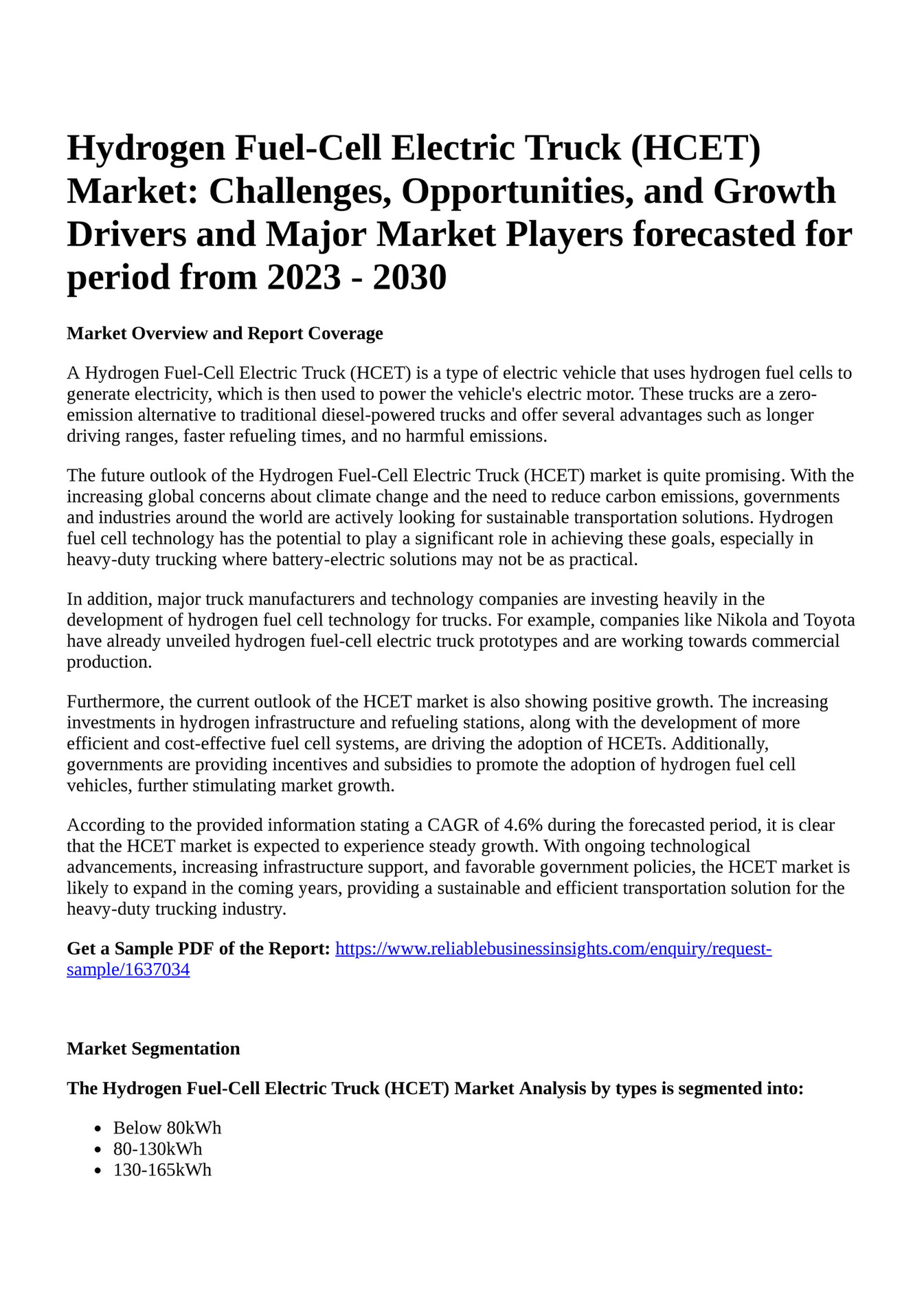 Reportprime Hydrogen FuelCell Electric Truck (HCET) Market