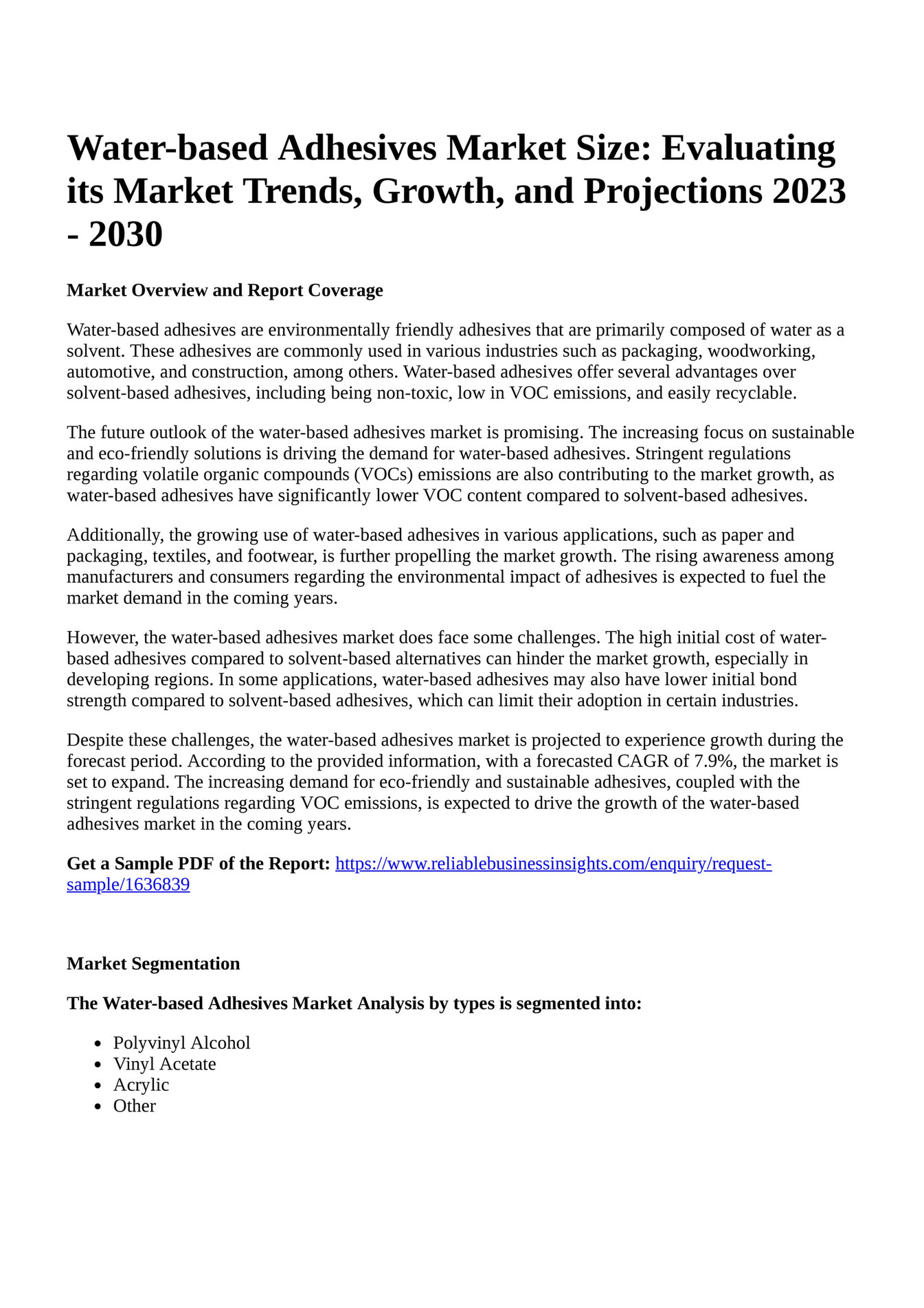 Reportprime Waterbased Adhesives Market Size Evaluating its Market