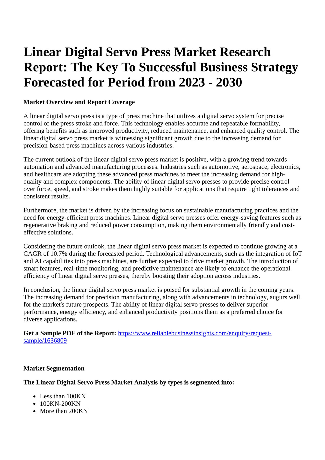 Reportprime Linear Digital Servo Press Market Research Report The