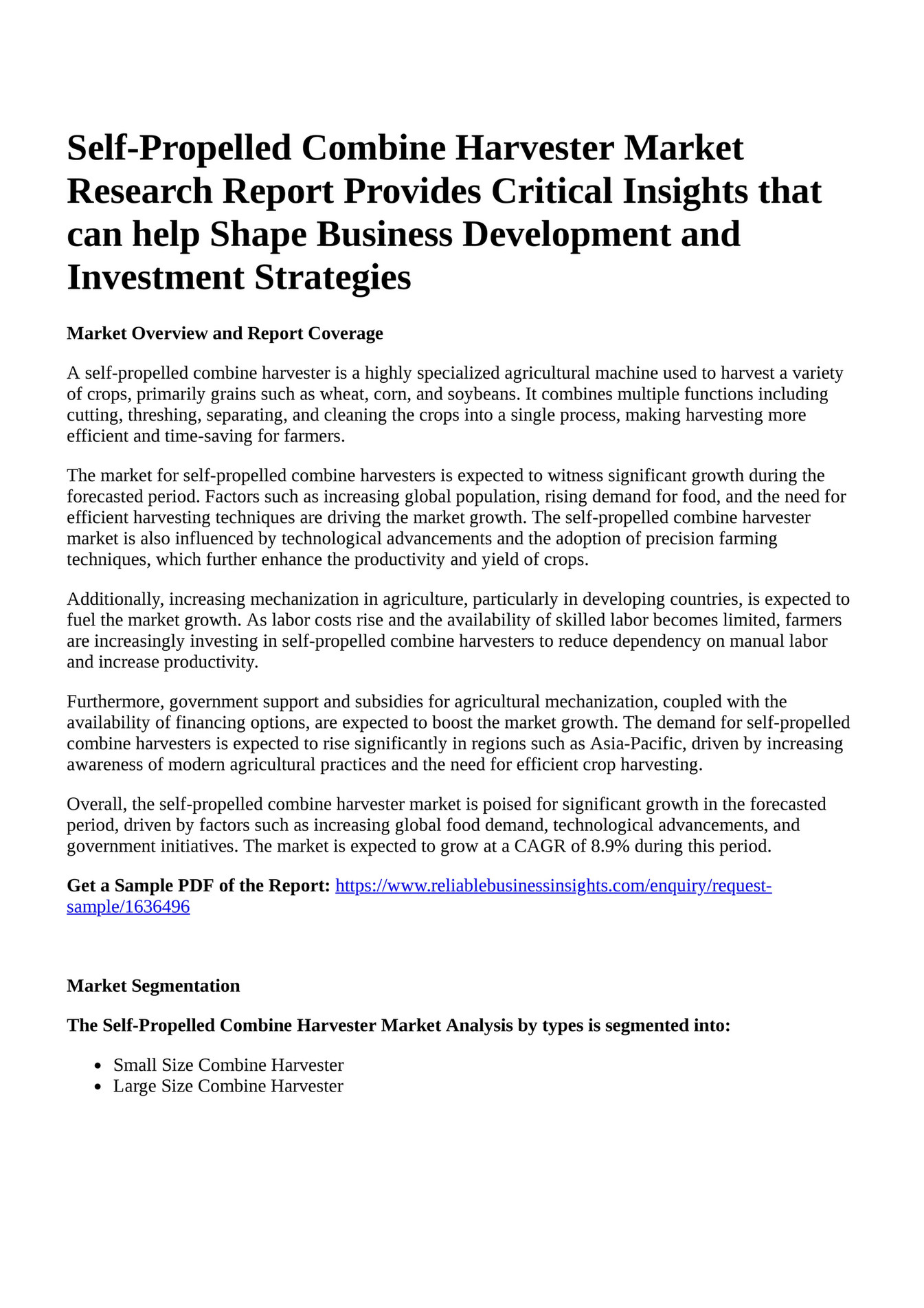 Reportprime SelfPropelled Combine Harvester Market Research Report