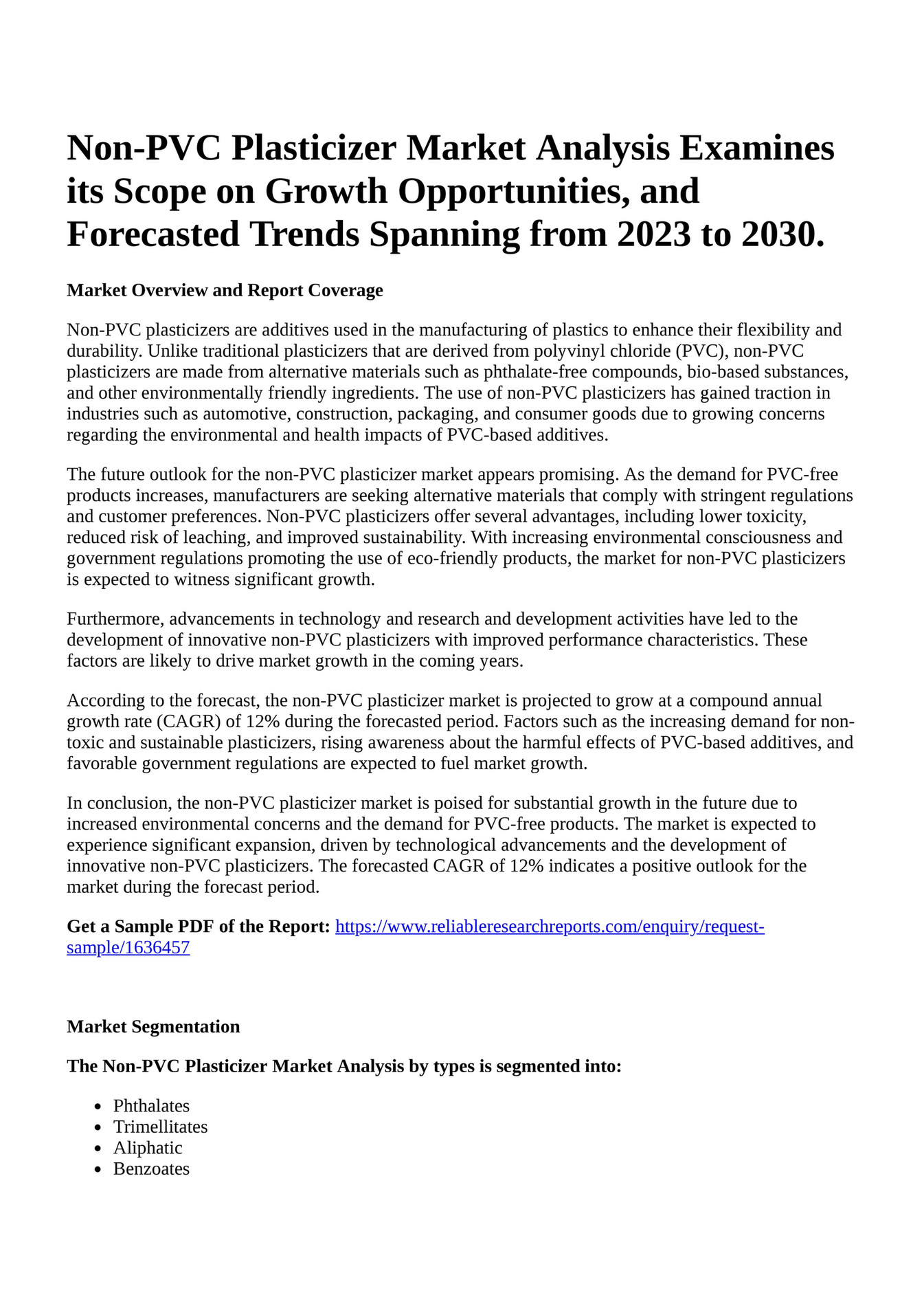 Reportprime Non PVC Plasticizer Market Analysis Examines Its Scope On 