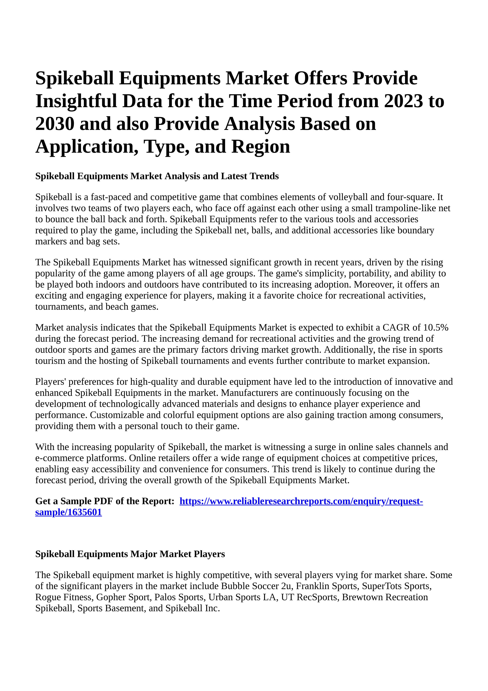 Reportprime - Spikeball Equipments Market Offers Provide Insightful Data  for the Time Period from 2023 to 2030 and also Provide Analysis Based on  Application, Type, and Region - Page 1