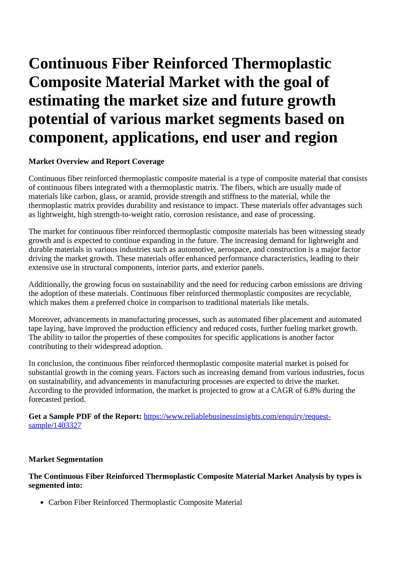 Reportprime - Continuous Fiber Reinforced Thermoplastic Composite