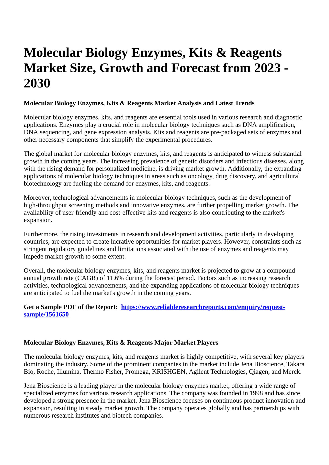 Reportprime Molecular Biology Enzymes, Kits & Reagents Market Size