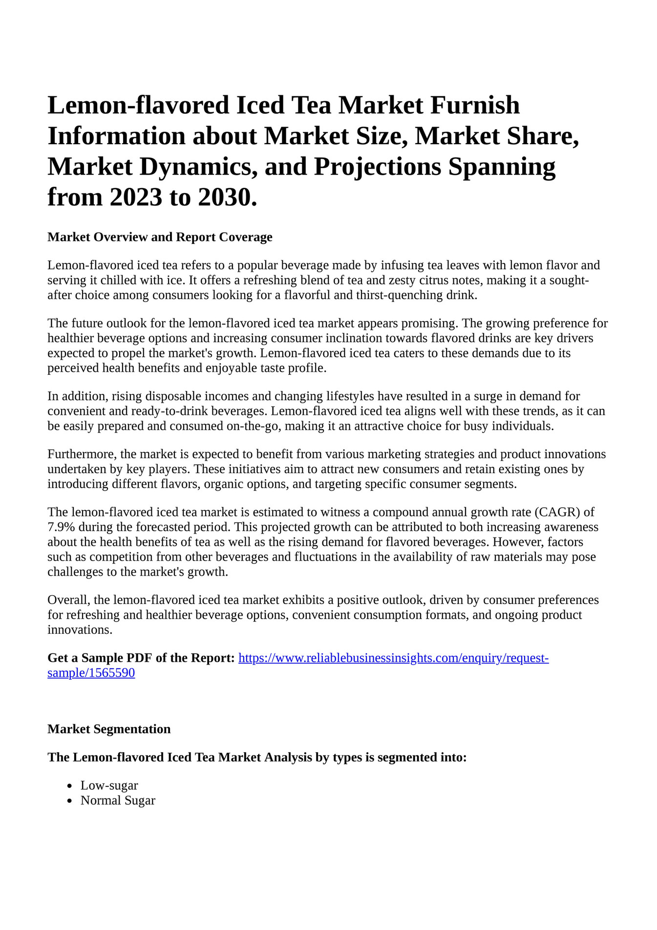 Reportprime - Lemon-flavored Iced Tea Market Furnish Information about