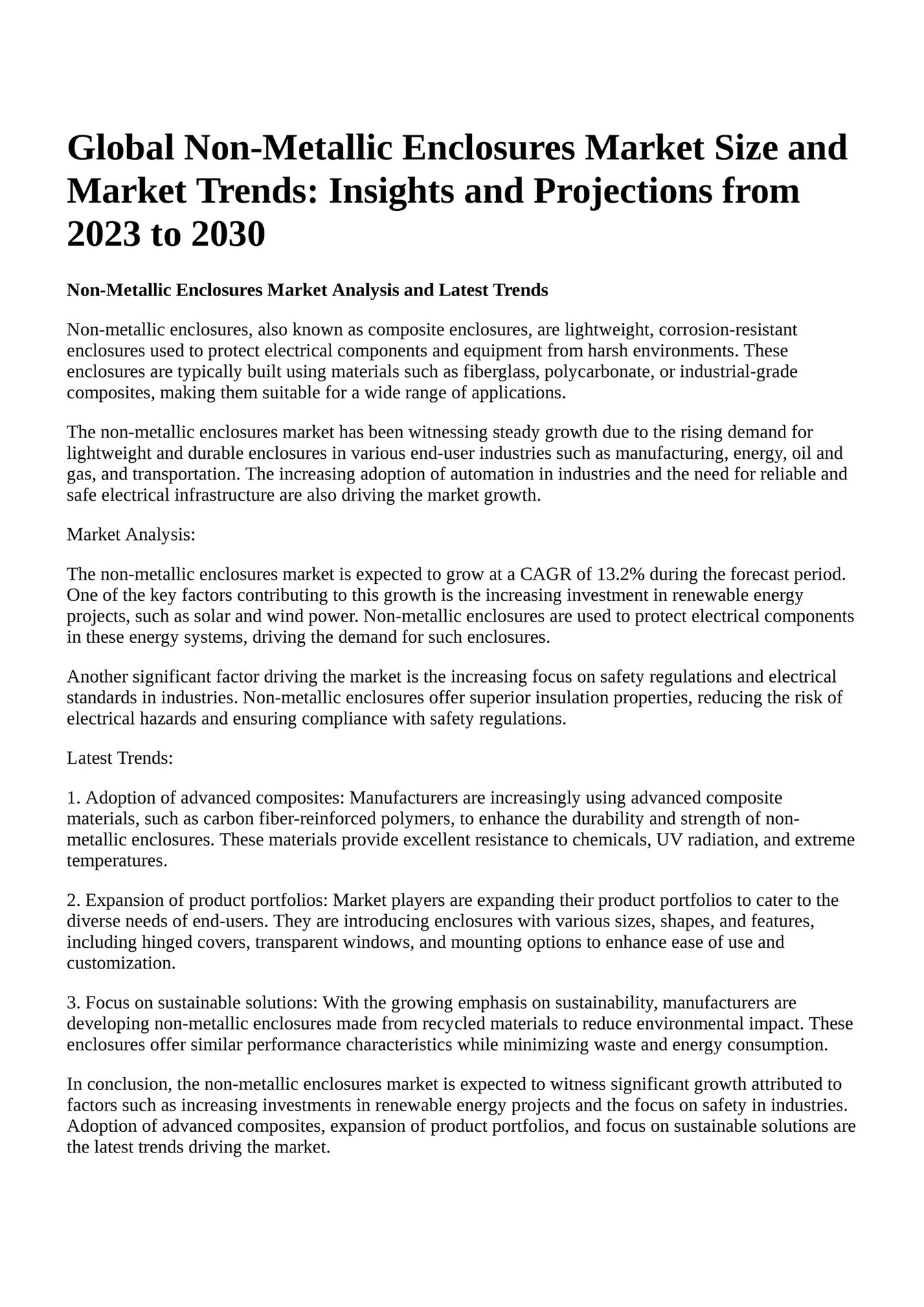 Reportprime Global NonMetallic Enclosures Market Size and Market