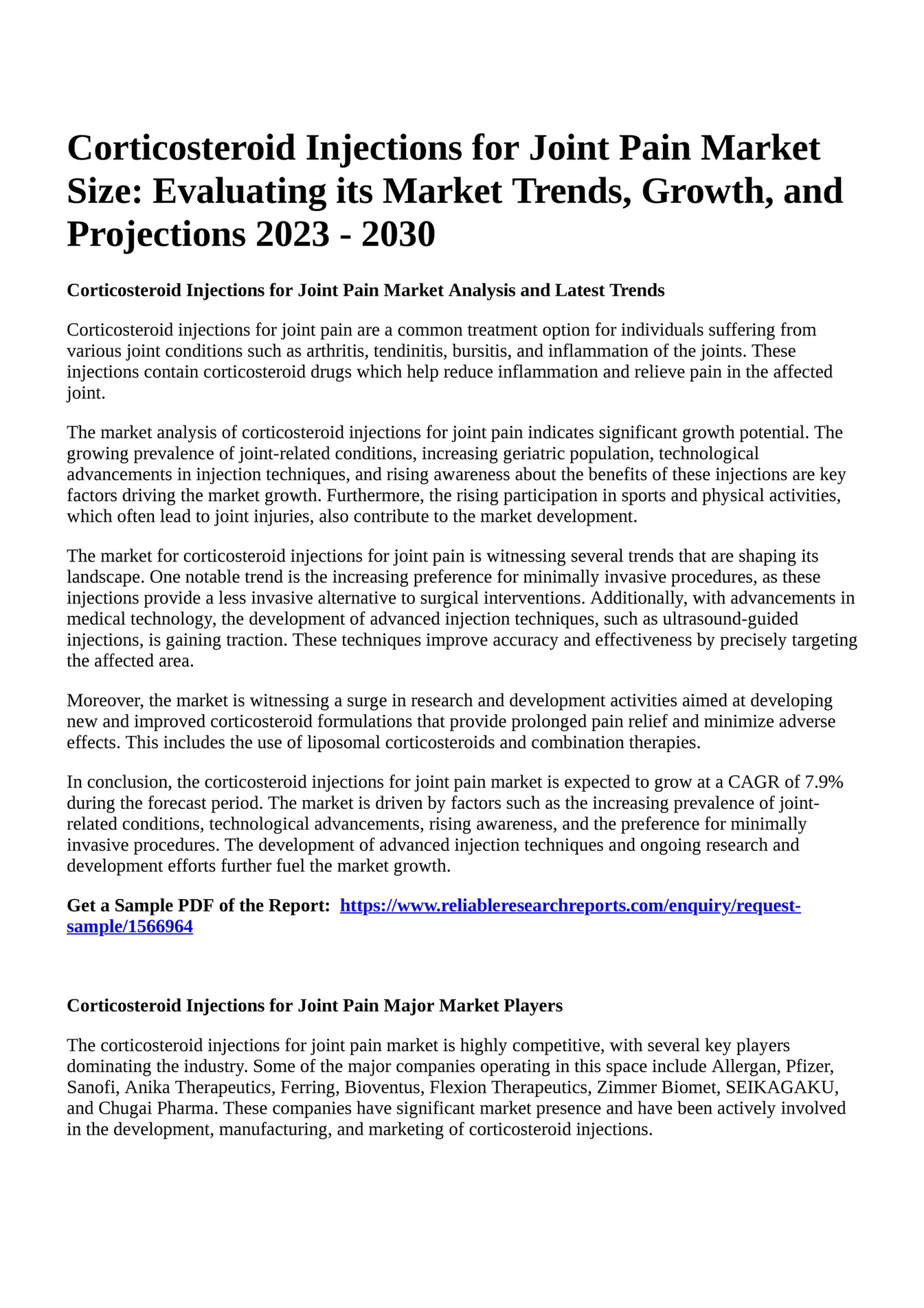 Reportprime Corticosteroid Injections for Joint Pain Market Size