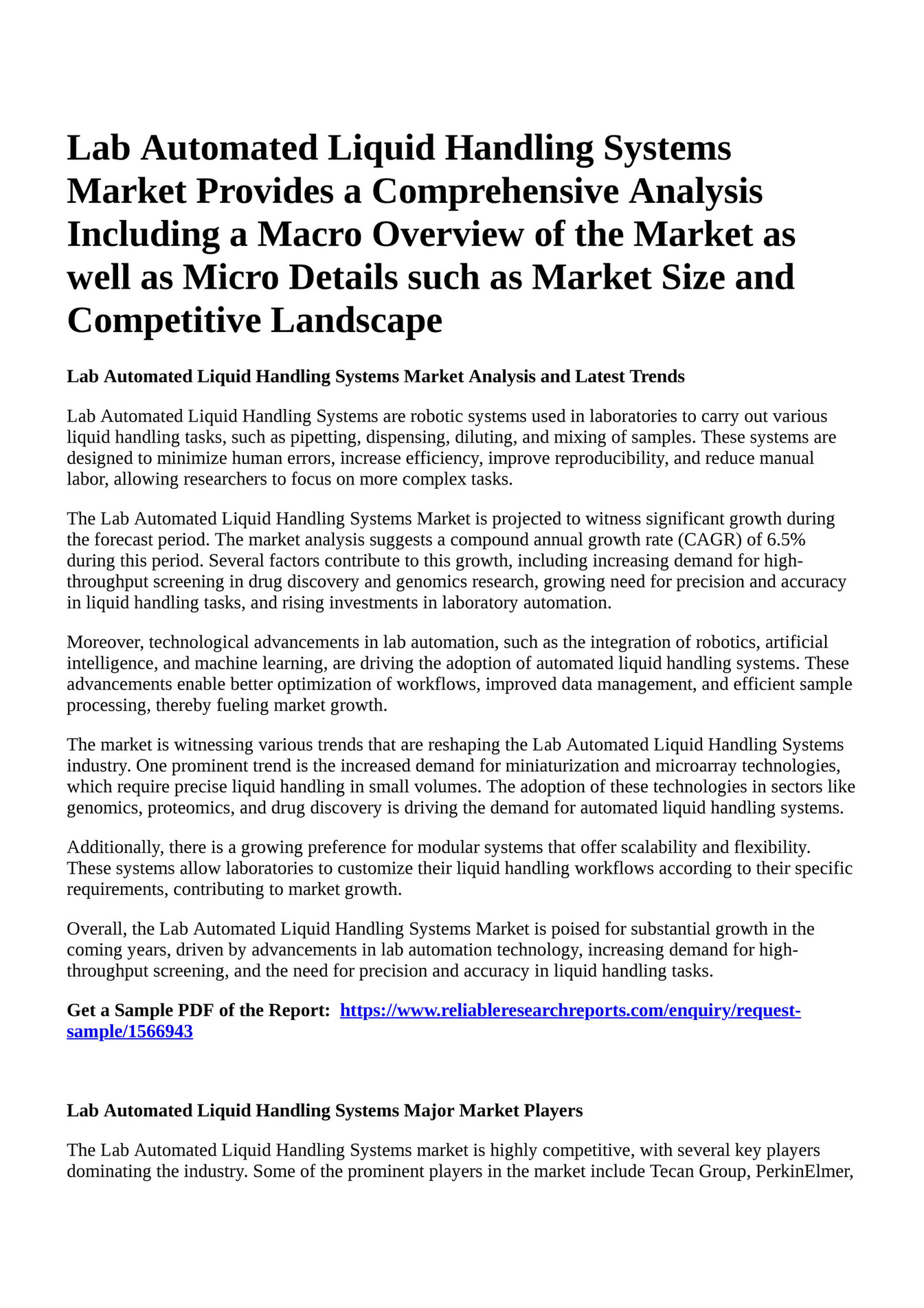Reportprime Lab Automated Liquid Handling Systems Market Provides a Comprehensive Analysis