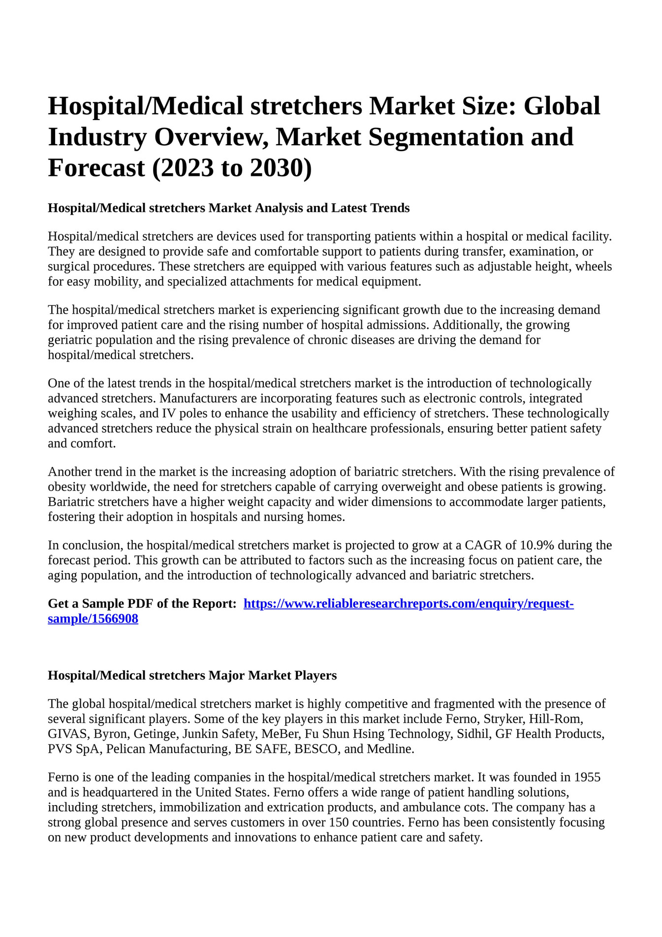Reportprime Hospital/Medical stretchers Market Size Global Industry Overview, Market