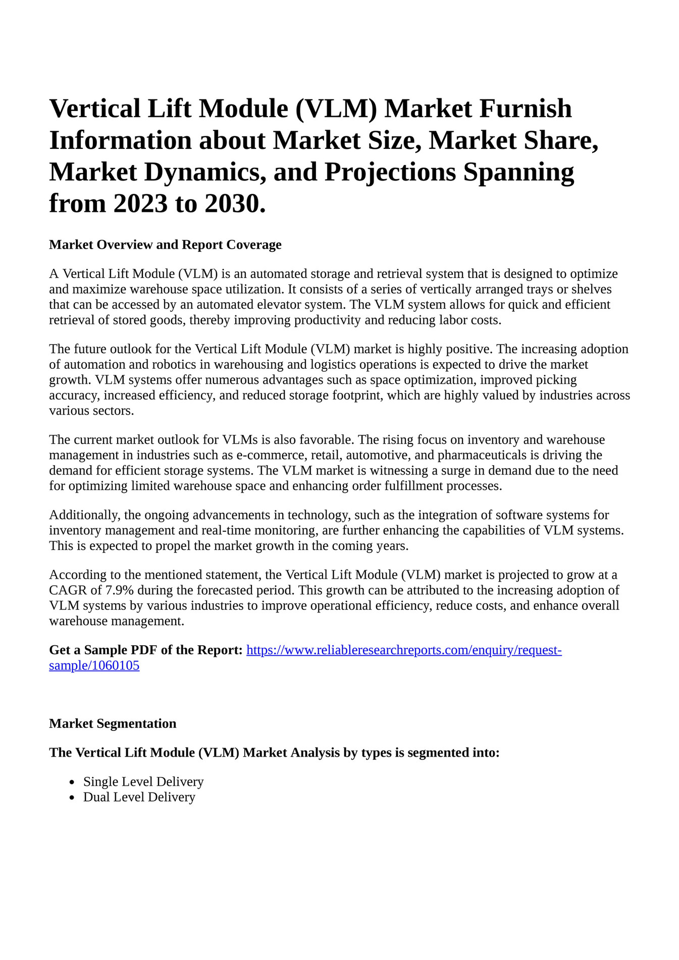 Reportprime Vertical Lift Module (VLM) Market Furnish Information
