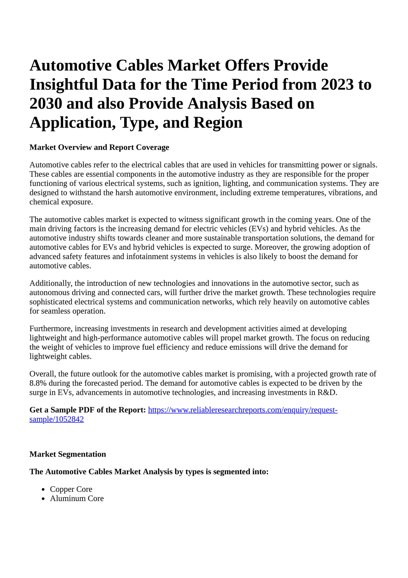 Reportprime Automotive Cables Market Offers Provide Insightful Data