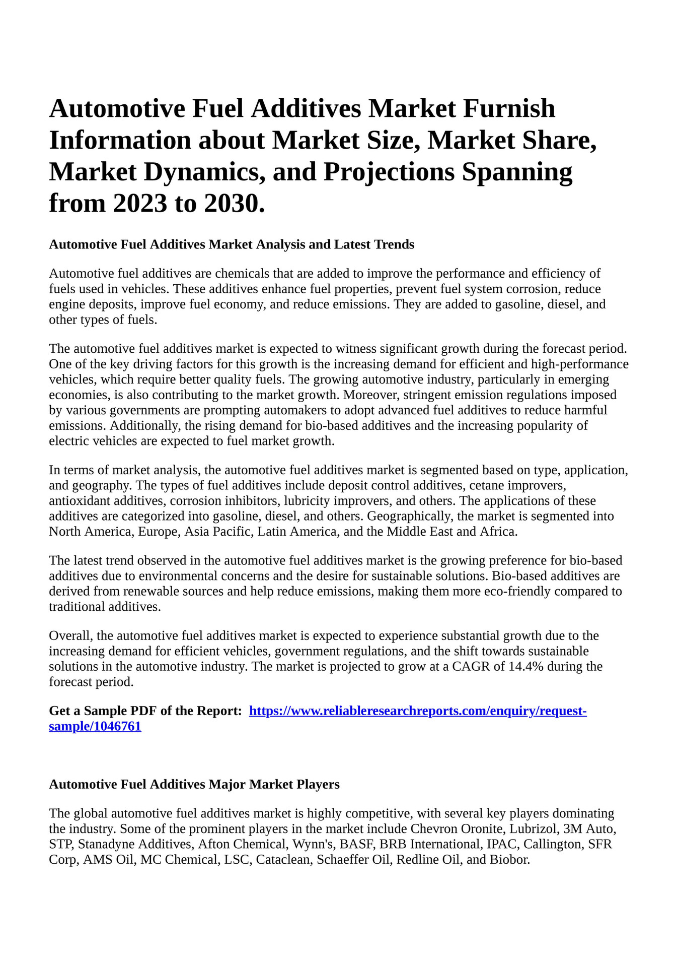 Reportprime Automotive Fuel Additives Market Furnish Information
