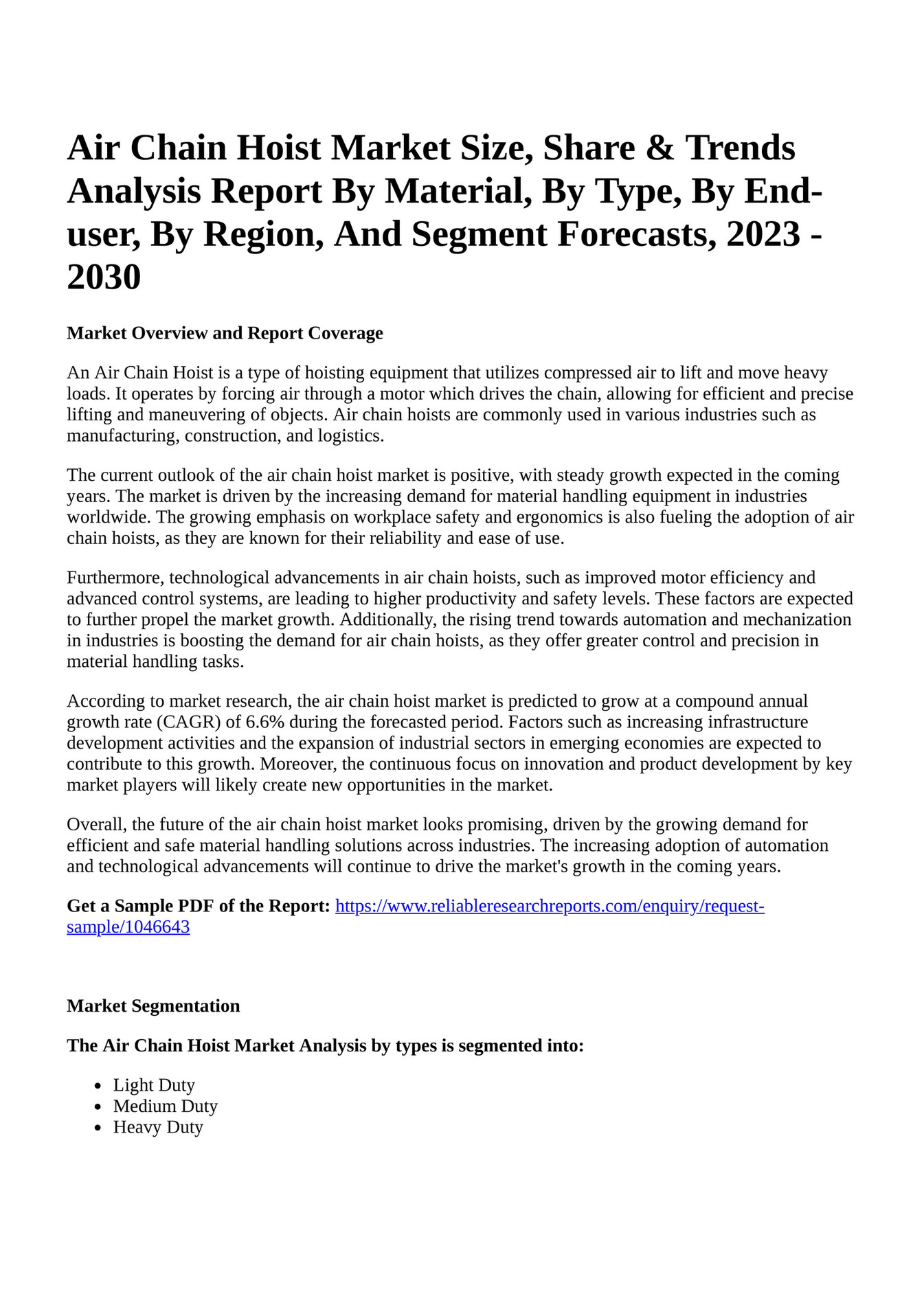 Reportprime Air Chain Hoist Market Size, Share & Trends Analysis