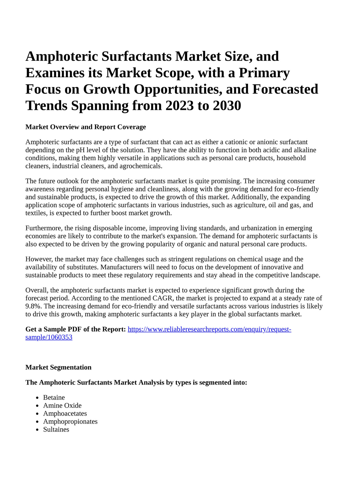 Reportprime - Amphoteric Surfactants Market Size, and Examines its ...