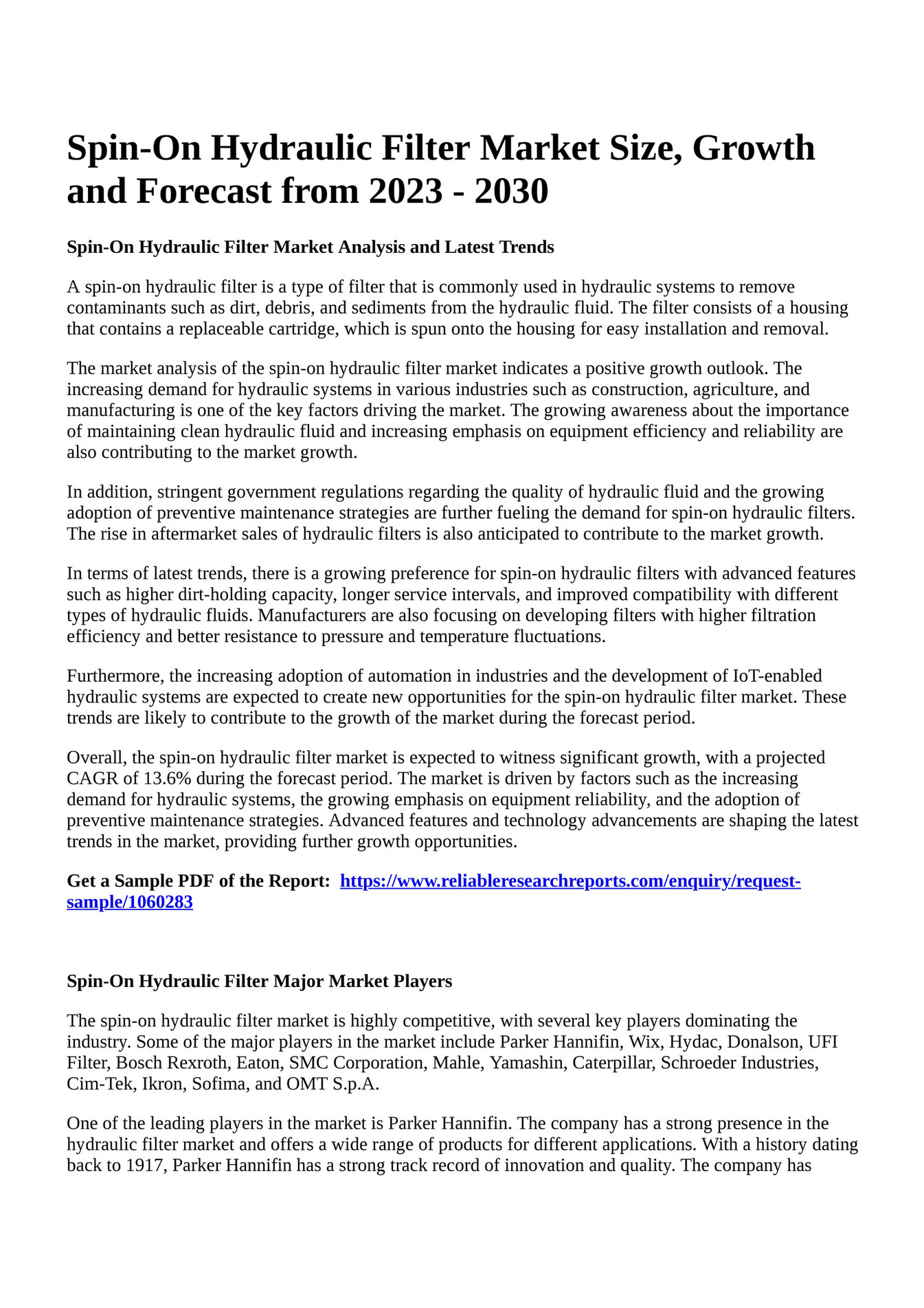 Reportprime SpinOn Hydraulic Filter Market Size, Growth and Forecast