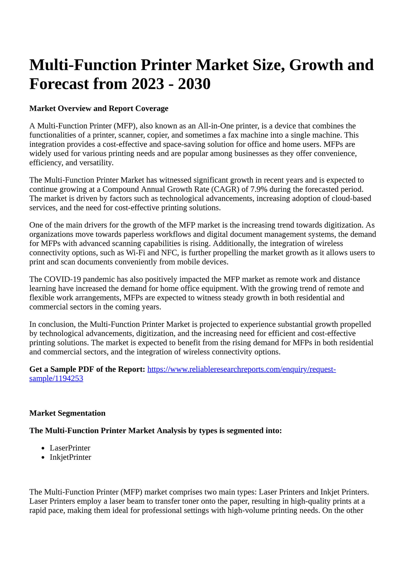 Reportprime MultiFunction Printer Market Size, Growth and Forecast