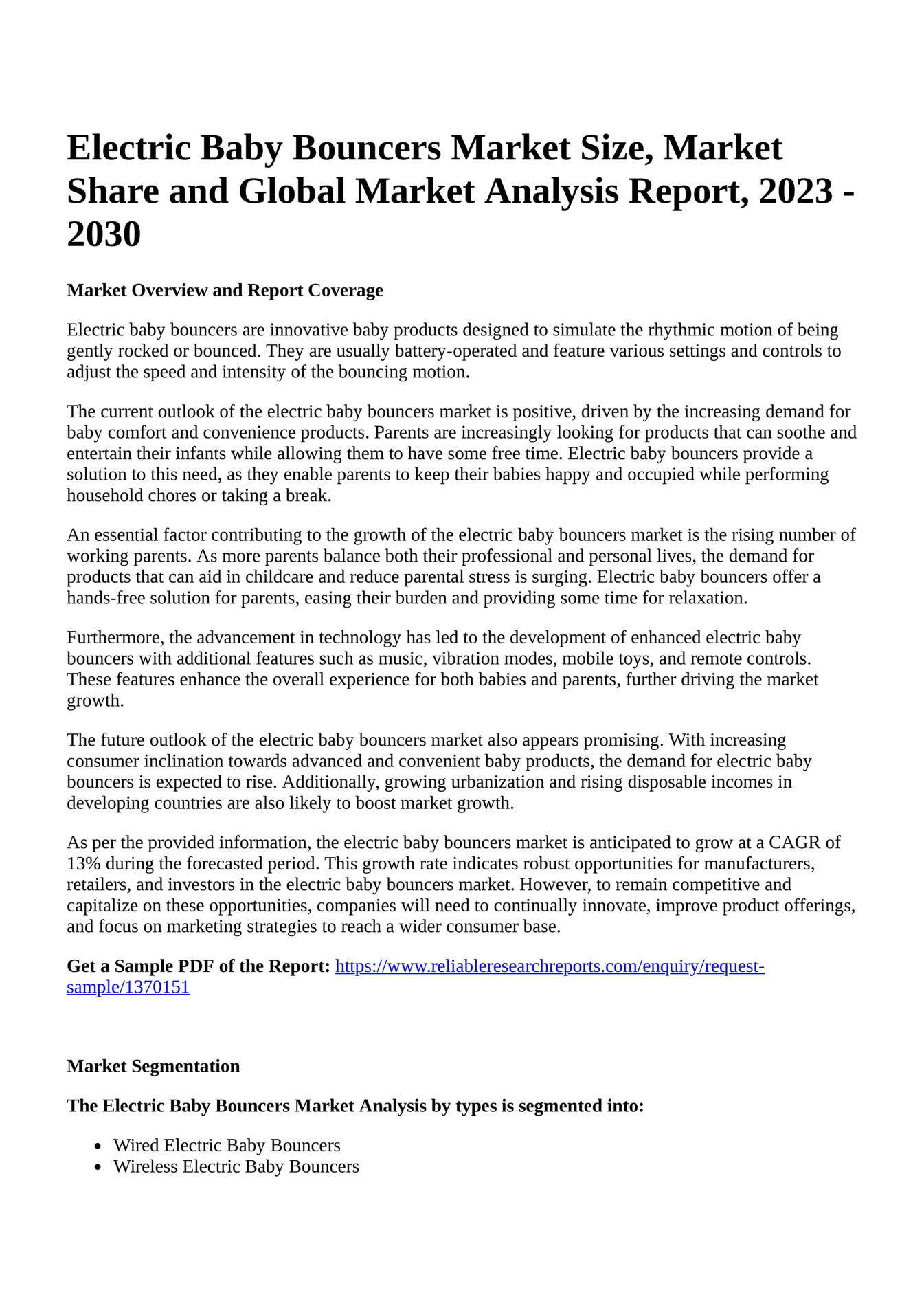 Reportprime Electric Baby Bouncers Market Size, Market Share and