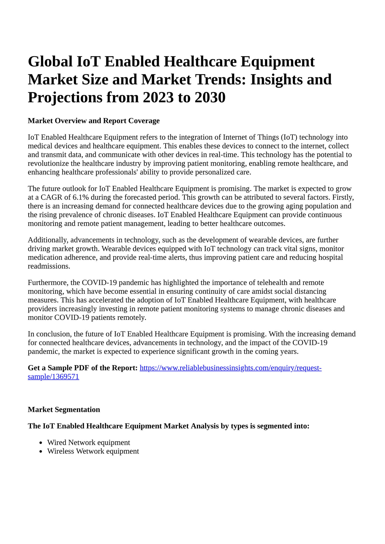 Reportprime Global IoT Enabled Healthcare Equipment Market Size and Market Trends Insights