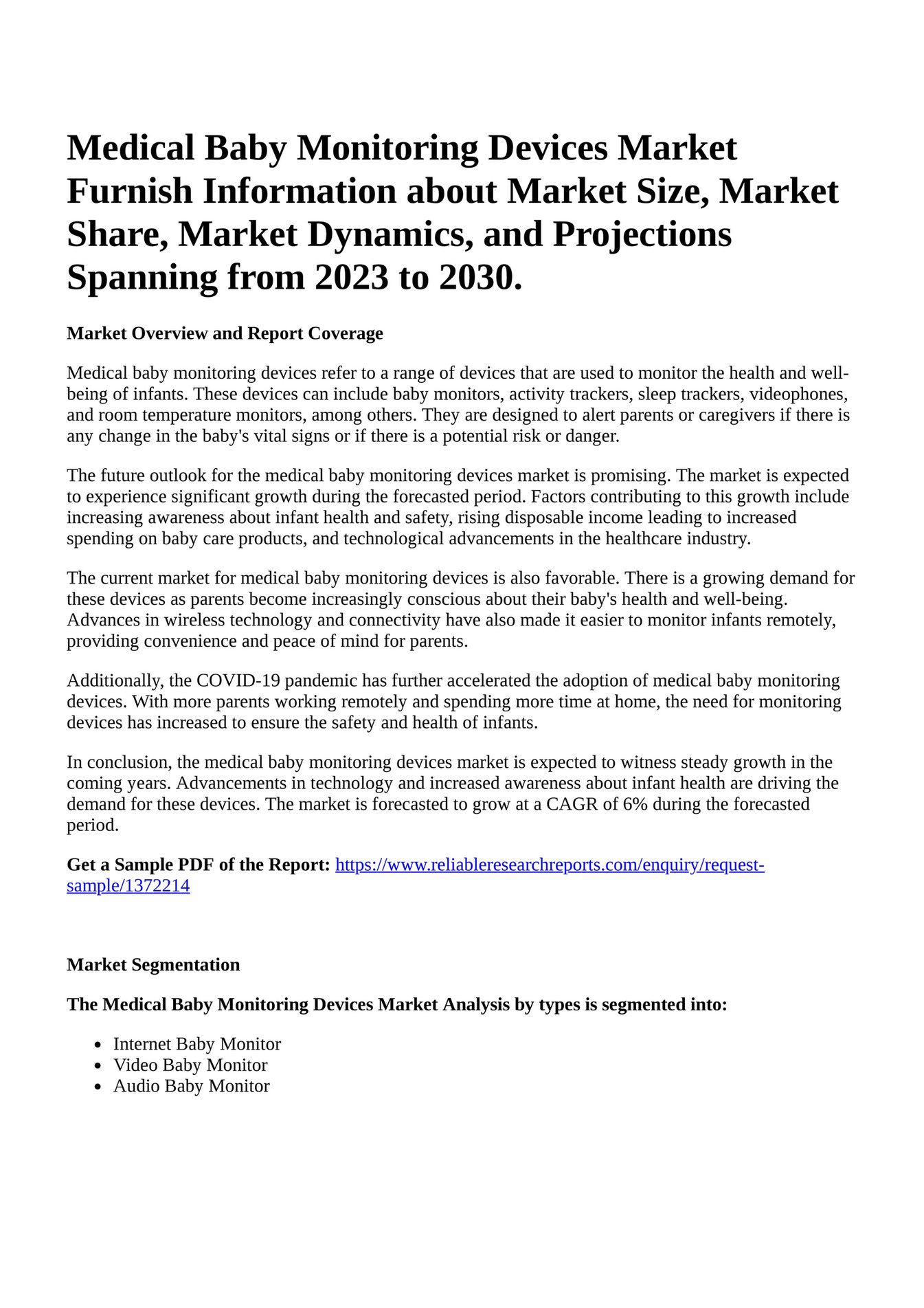 Reportprime Medical Baby Monitoring Devices Market Furnish