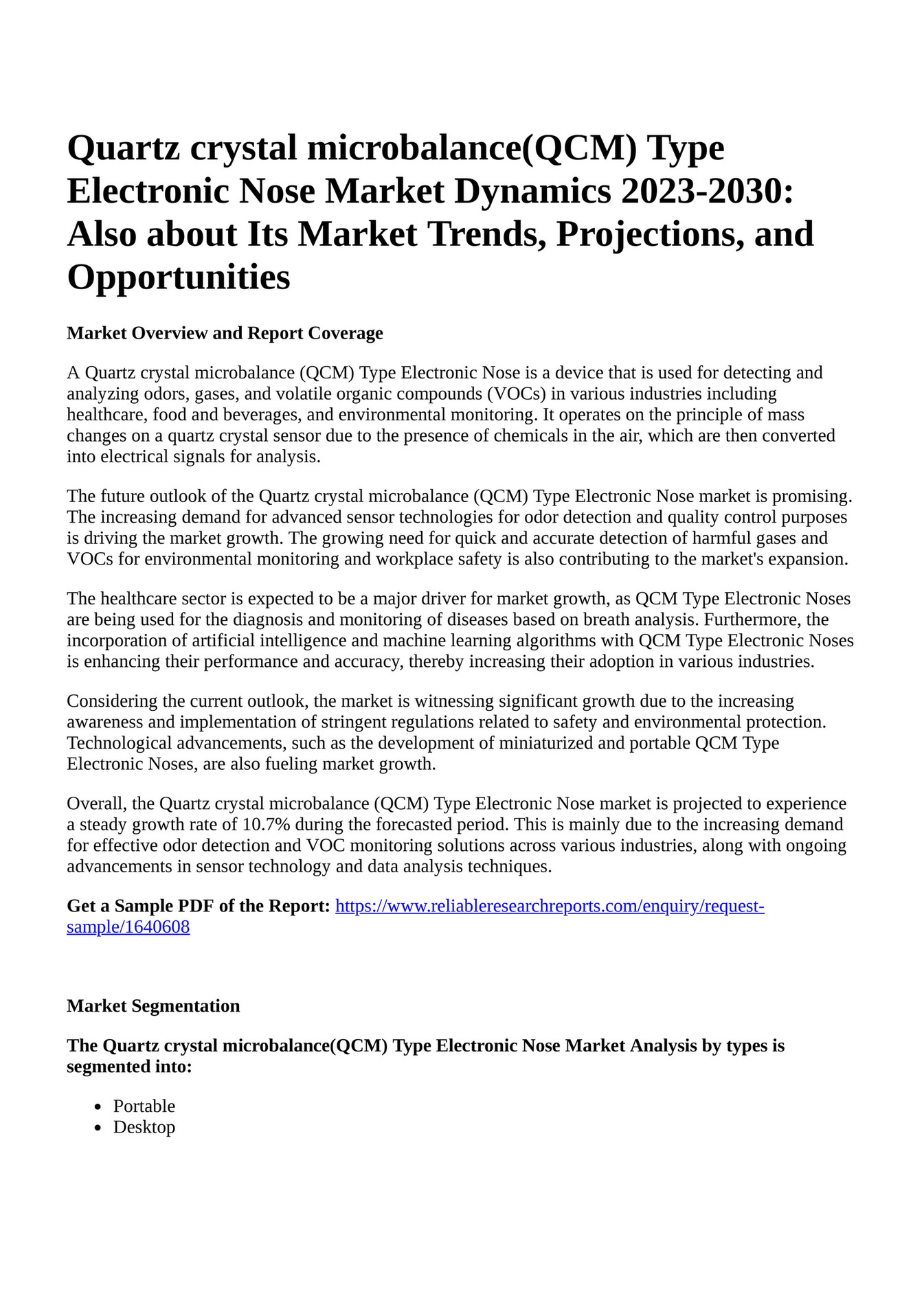 Reportprime Quartz crystal microbalance(QCM) Type Electronic Nose