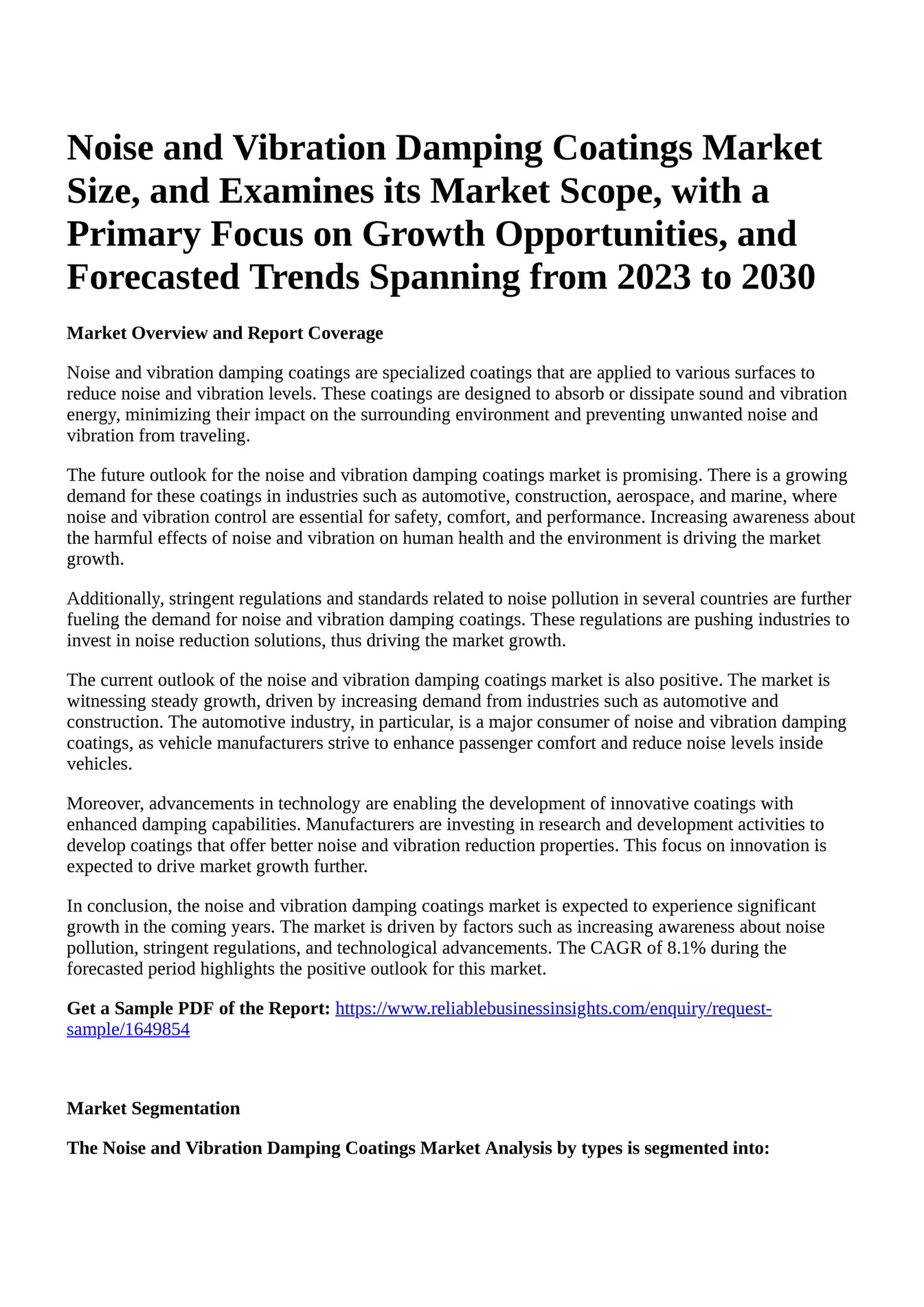 Reportprime Noise and Vibration Damping Coatings Market Size, and
