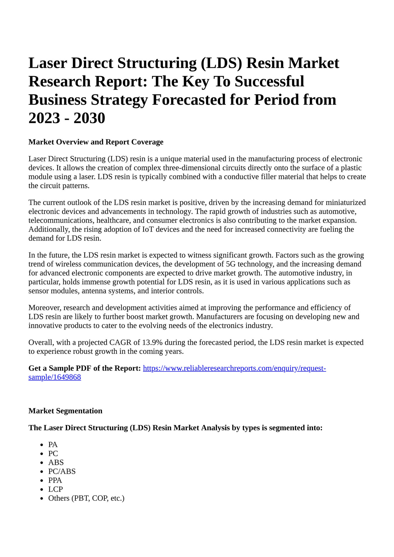 Reportprime Laser Direct Structuring Lds Resin Market Research Report The Key To Successful