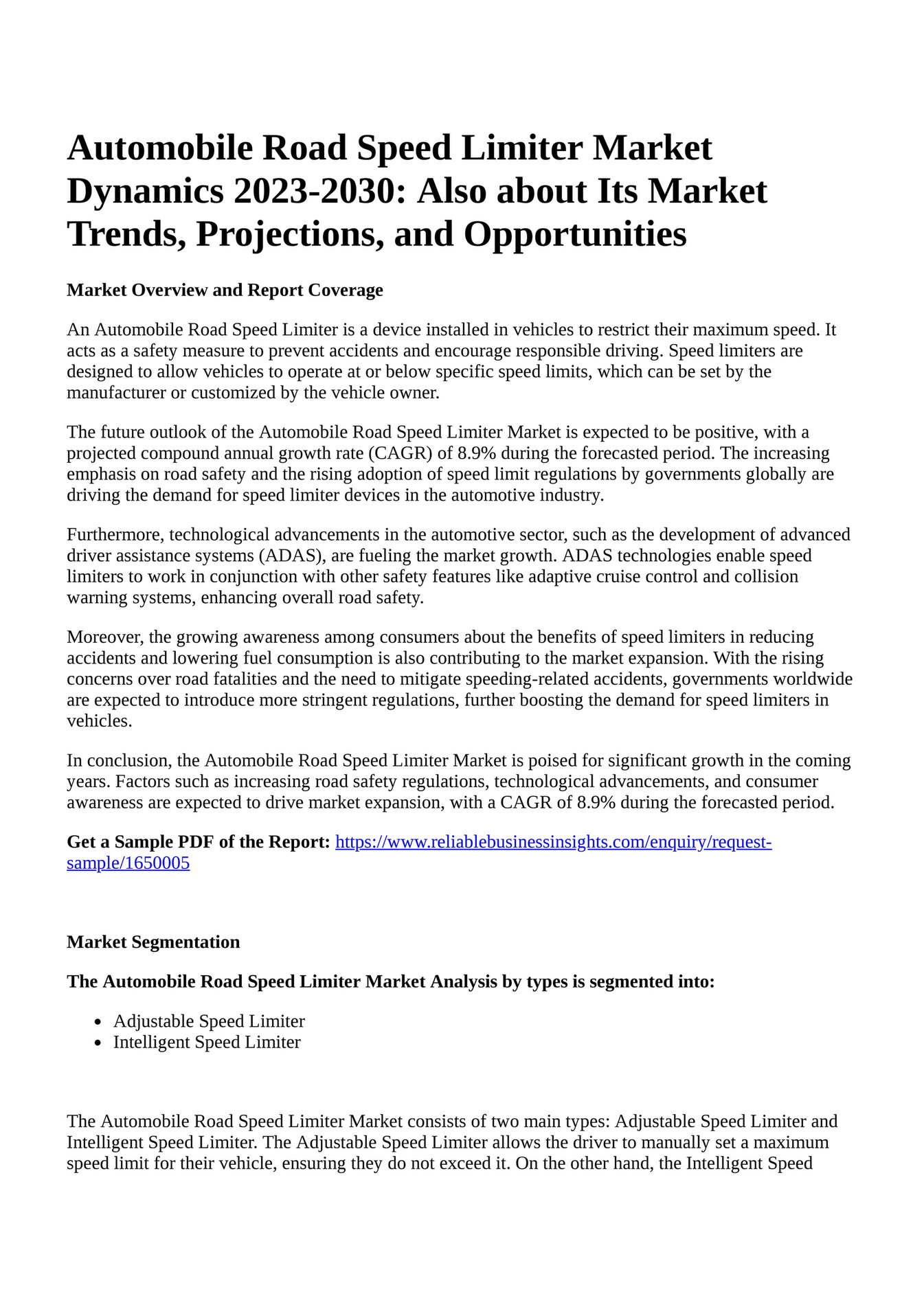 Reportprime Automobile Road Speed Limiter Market Dynamics 2023 2030 reportprime-automobile-road-speed-limiter-market-dynamics-2023-2030