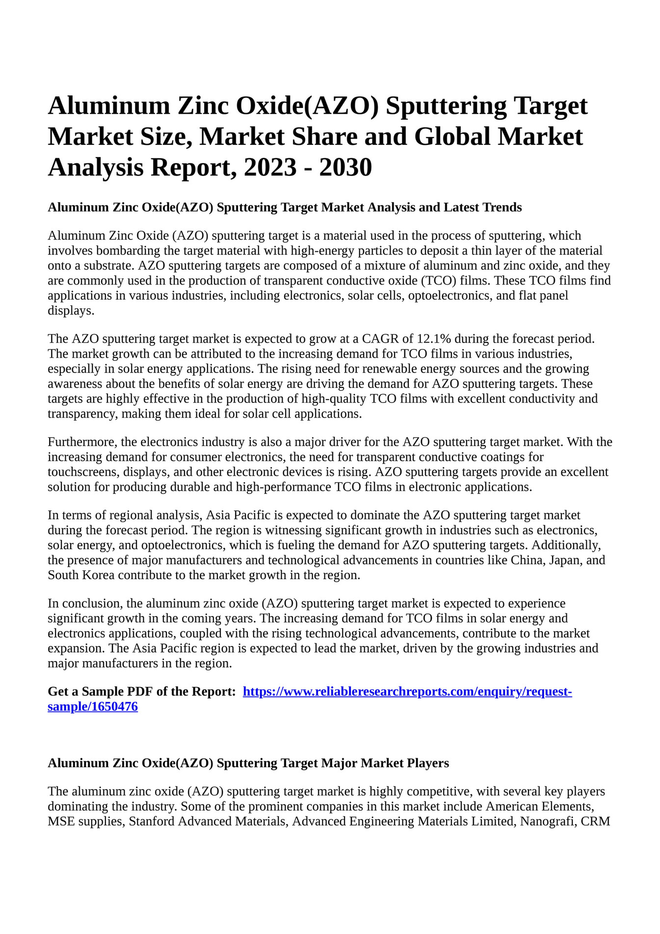 Reportprime Aluminum Zinc Oxide(AZO) Sputtering Target Market Size